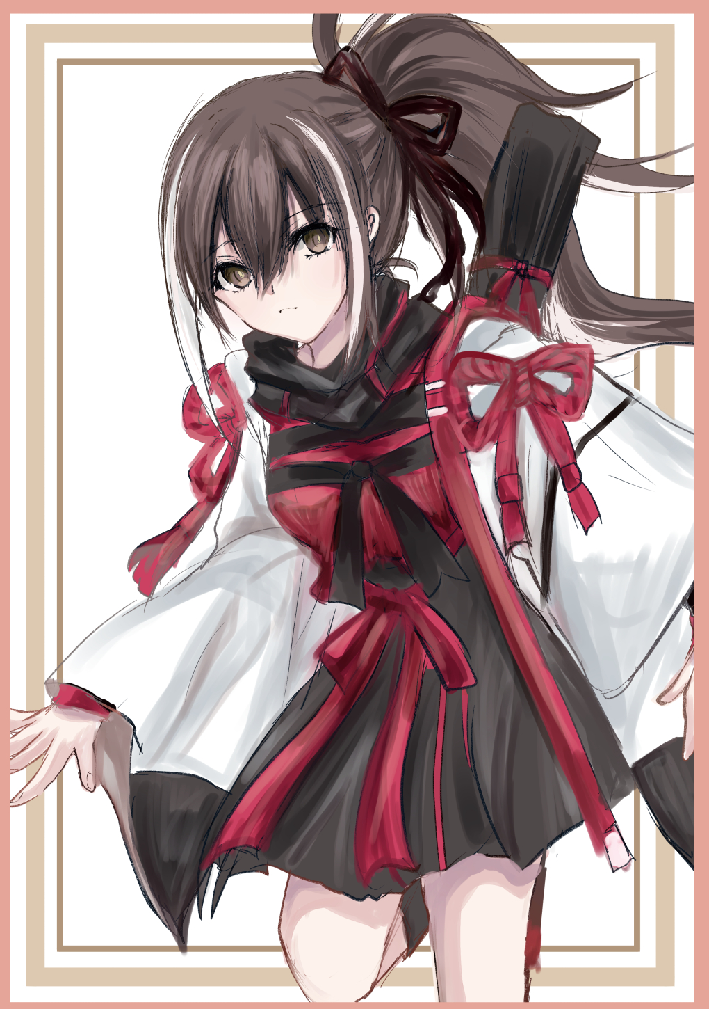 kawakami gensai (fate), fate/grand order, fate (series), highres, 1girl, black scarf, japanese clothes, kawakami gensai (first ascension) (fate), long hair, looking at viewer, mikasa tati, multicolored hair, ponytail, scarf, solo, white hair