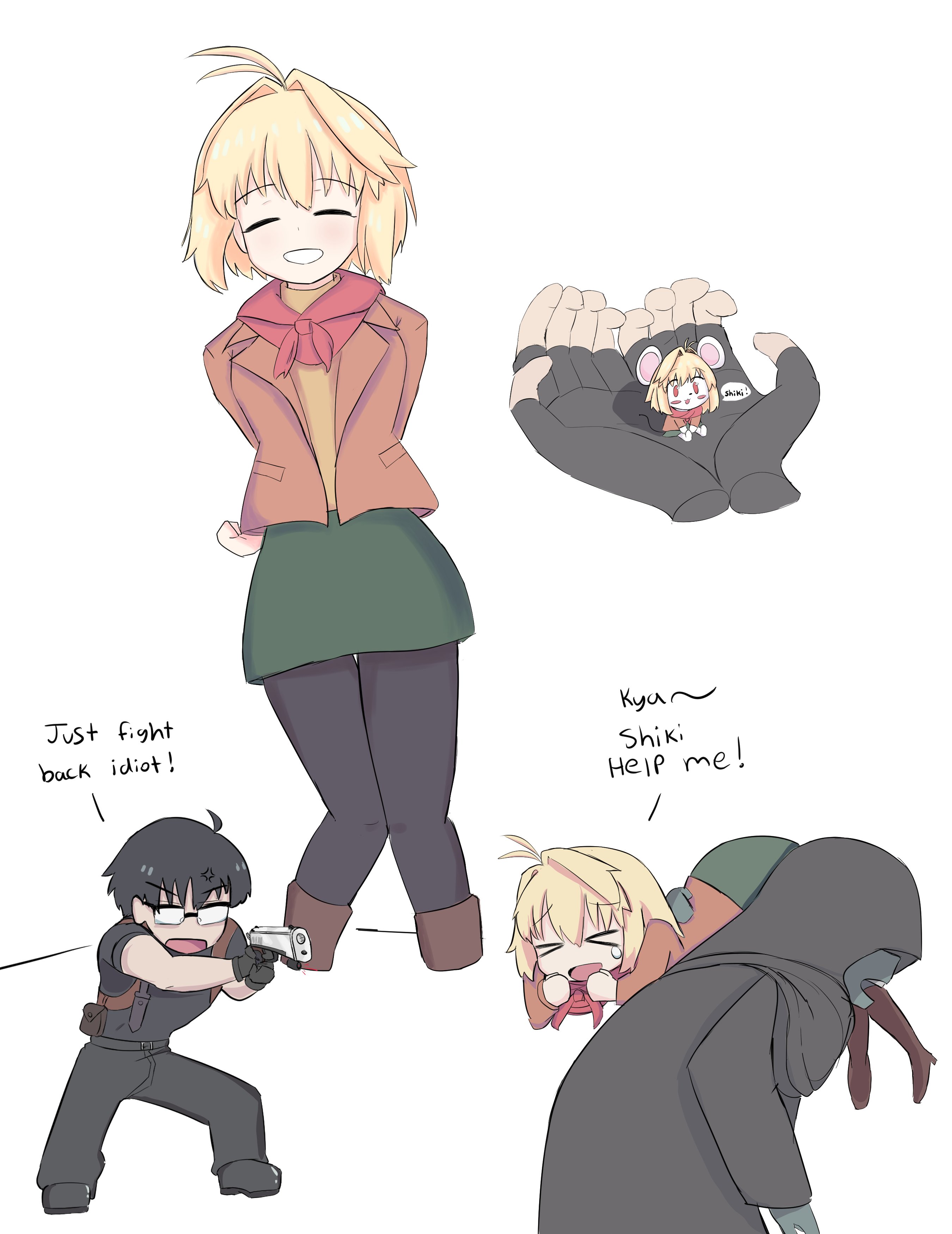 arcueid brunestud, ashley graham, ashley graham (mouse), leon s. kennedy, tohno shiki, resident evil, resident evil 4, tsukihime, absurdres, highres, ahoge, anger vein, animal ears, antenna hair, ashley graham (cosplay), ashley graham (mouse) (cosplay), black gloves, black hair, black shoes, blonde hair, boots, breasts, carrying, carrying person, combat knife, cosplay, glasses, gloves, gun, handgun, holding, holding gun, holding weapon, knife, leon s. kennedy (cosplay), long sleeves, looking at viewer, mouse (animal), mouse ears, orange shirt, plaid clothes, red eyes, shirt, shoes, short hair, skirt, smile, suw0, talking, turtleneck, weapon