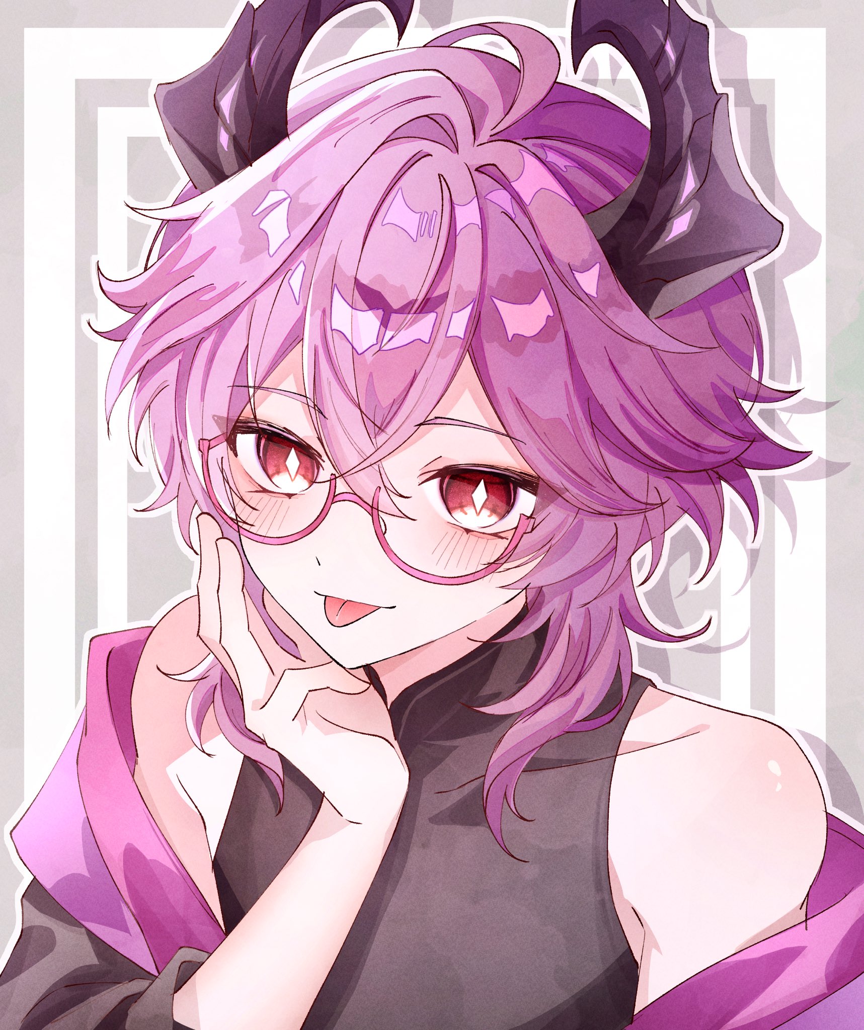 mini durin (genshin impact), mini durin (human) (genshin impact), genshin impact, highres, 1boy, black jacket, black shirt, blush, dragon horns, glasses, hair between eyes, horns, jacket, kuro774 n, long hair, male focus, open clothes, open jacket, pink hair, red eyes, shirt, simple background, smile, solo, tongue, tongue out