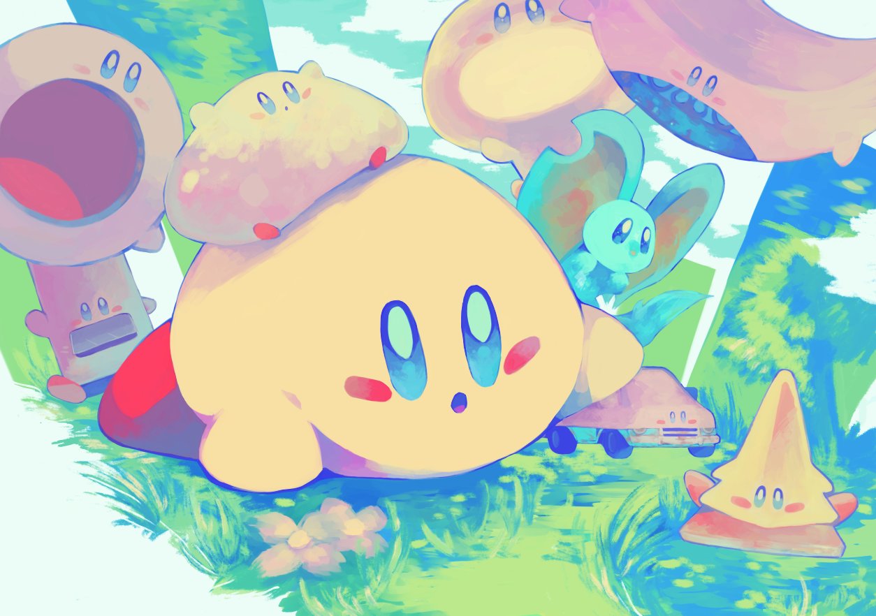 purano7, elfilin, kirby, kirby (series), kirby and the forgotten land, nintendo, :o, animal, aqua fur, blue eyes, blush stickers, car, clone, colored skin, copy ability, creature, grass, motor vehicle, no humans, yellow skin