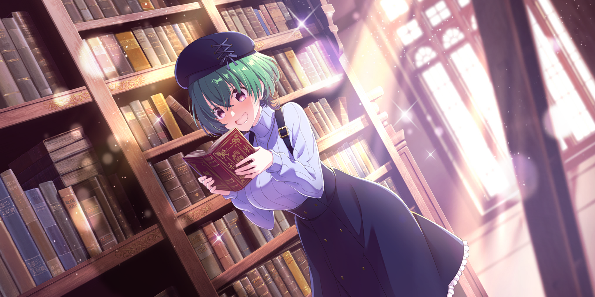 lynette (lapis re:lights), lapis re:lights, game cg, highres, official art, third-party source, 1girl, :d, beret, black hat, black skirt, black suspenders, book, bookshelf, breasts, dappled sunlight, day, dot nose, dutch angle, feet out of frame, green hair, hat, holding, holding book, indoors, large breasts, library, long skirt, long sleeves, open book, open mouth, purple eyes, purple shirt, reading, ribbed shirt, shirt, short hair, skirt, smile, solo, sunlight, suspender skirt, suspenders, turtleneck, turtleneck shirt, window, wooden ladder