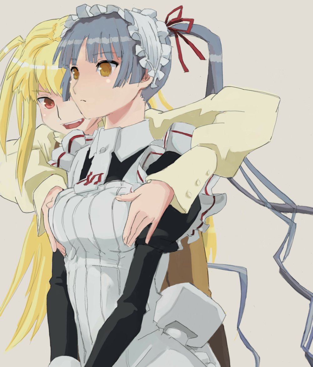 pinzu, shidou mariya, shinouji matsurika, maria holic, breast hold, 00s, 1boy, 1girl, apron, blonde hair, blue hair, breasts, crossdressing, expressionless, hair ribbon, hairband, lace, long hair, maid, maid apron, ribbon, school uniform, trap, twintails, yellow eyes
