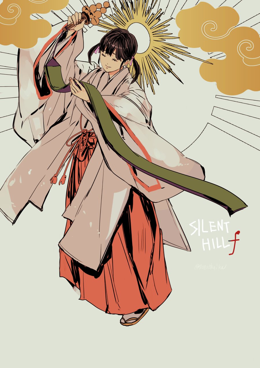 nanathuika, igarashi sakuko, silent hill (series), silent hill f, commentary, highres, 1girl, black hair, chihaya (clothing), closed eyes, cloud, english text, full body, halo, japanese clothes, light smile, miko, robe, sandals, simple background, twintails