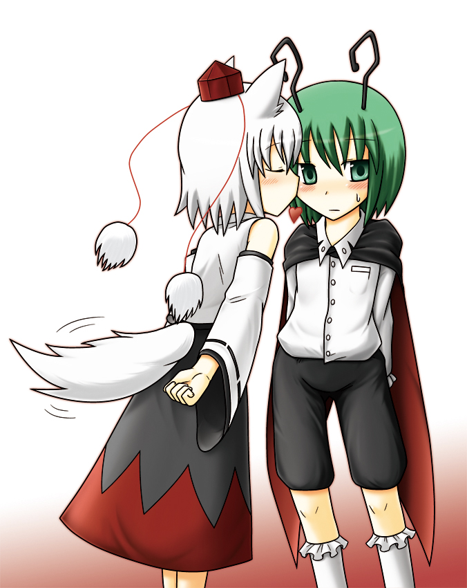 ragai (moins666), inubashiri momiji, wriggle nightbug, touhou, 2girls, androgynous, animal ears, antennae, blush, cape, detached sleeves, female focus, green eyes, green hair, hat, heart, kiss, multiple girls, reverse trap, short hair, simple background, tail, tail wagging, tokin hat, white hair, wolf ears, wolf tail, yuri