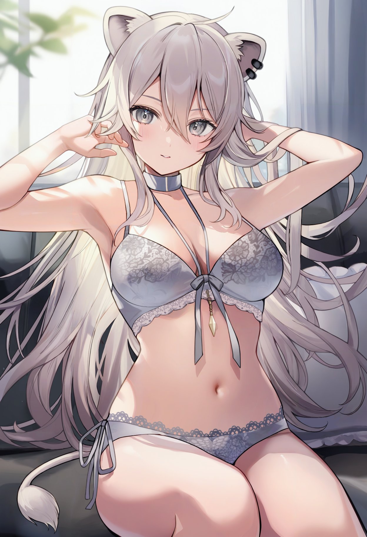 aria (ariacue), shishiro botan, hololive, commentary request, highres, 1girl, animal ears, armpits, arms up, bare arms, bare shoulders, bra, breasts, choker, cleavage, couch, cowlick, grey eyes, grey hair, lace, lace-trimmed bra, lace-trimmed panties, lace trim, large breasts, lion ears, lion girl, lion tail, long hair, looking at viewer, navel, on couch, panties, parted lips, pillow, side-tie panties, sitting, solo, stomach, string bra, tail, underwear, underwear only, very long hair, virtual youtuber, white bra, white choker, white panties