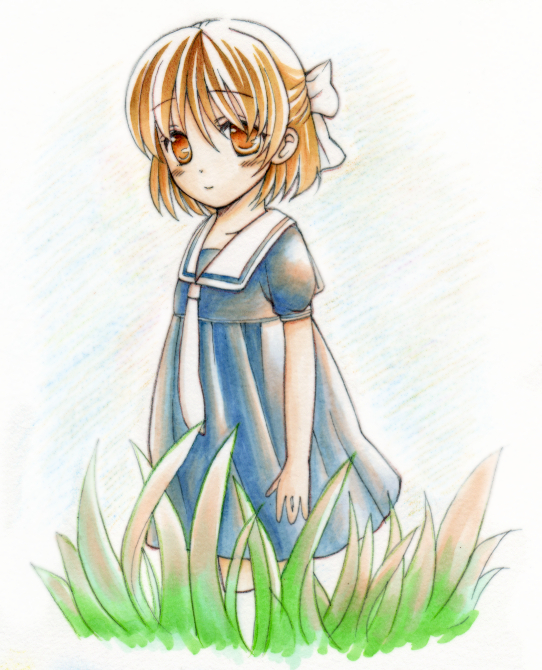 kasen yuyu, okazaki ushio, clannad, 00s, brown eyes, brown hair, child, dress, grass, sailor, sailor dress, short hair, solo