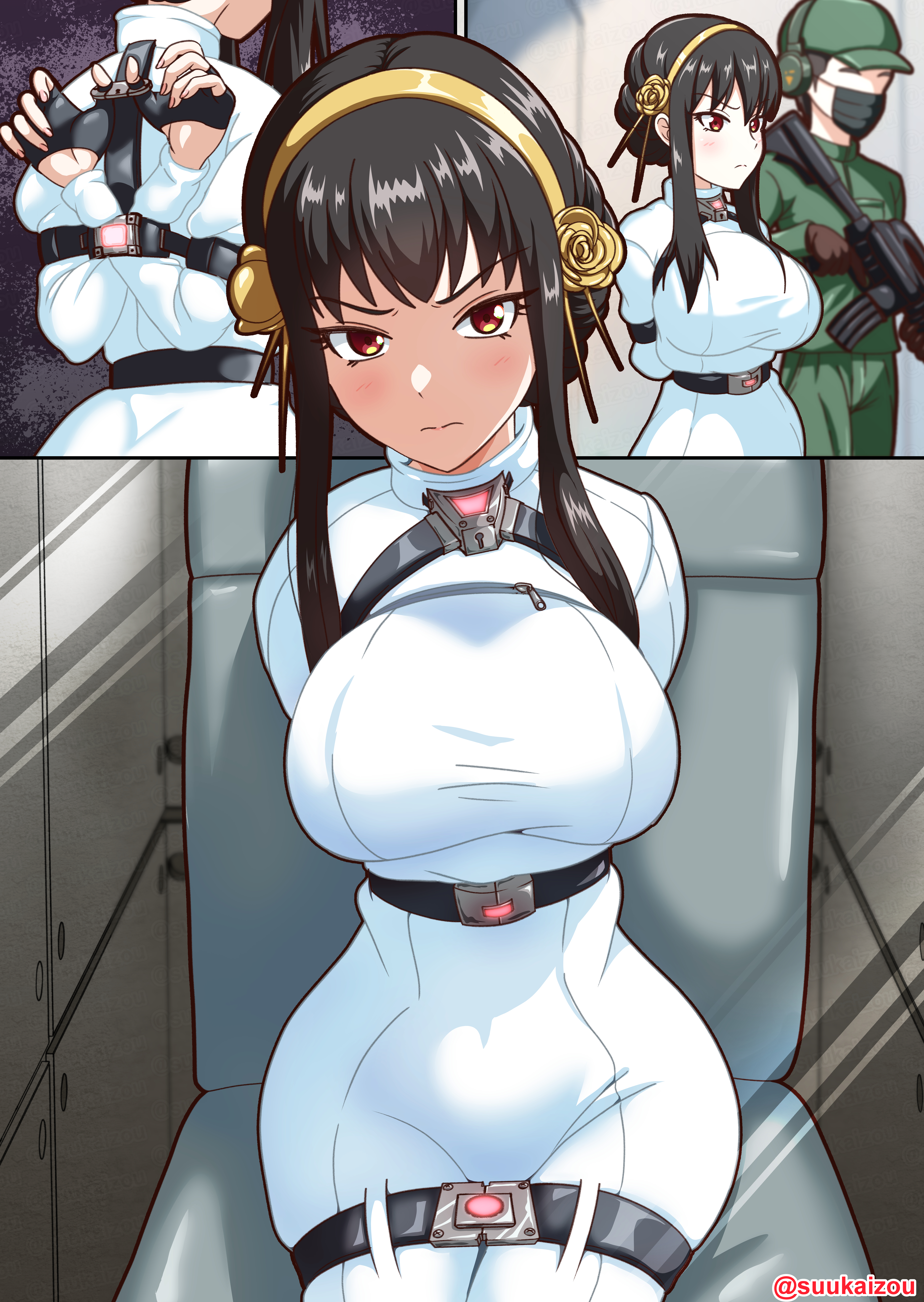 oyu (suukaizou), yor briar, spy x family, absurdres, highres, 1girl, arms behind back, bdsm, bondage, bound, bound arms, bound legs, bound wrists, restrained, straitjacket