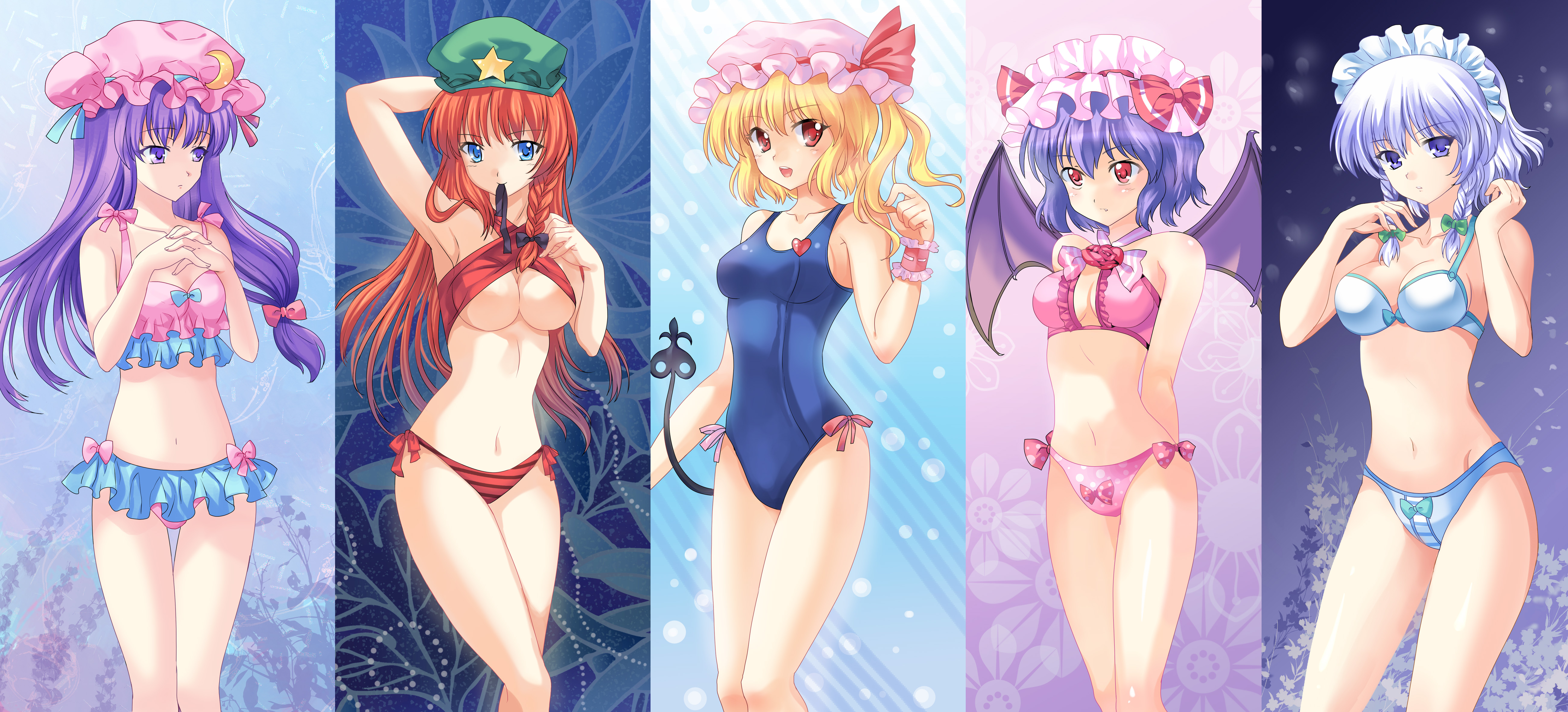 pico (picollector79), flandre scarlet, hong meiling, izayoi sakuya, patchouli knowledge, remilia scarlet, embodiment of scarlet devil, touhou, absurdres, bad id, bad pixiv id, highres, long image, wide image, 5girls, bikini, blonde hair, blue eyes, blue hair, braid, breasts, cleavage, female focus, hat, long hair, mouth hold, multiple girls, one-piece swimsuit, purple eyes, purple hair, red eyes, red hair, short hair, swimsuit, tail, underboob, white hair