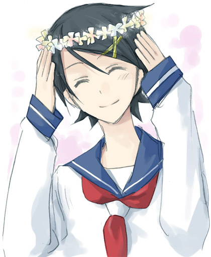 fuura kafuka, sayonara zetsubou sensei, 00s, black hair, blush, closed eyes, flower, hair ornament, hairclip, school uniform, serafuku, short hair, smile, solo