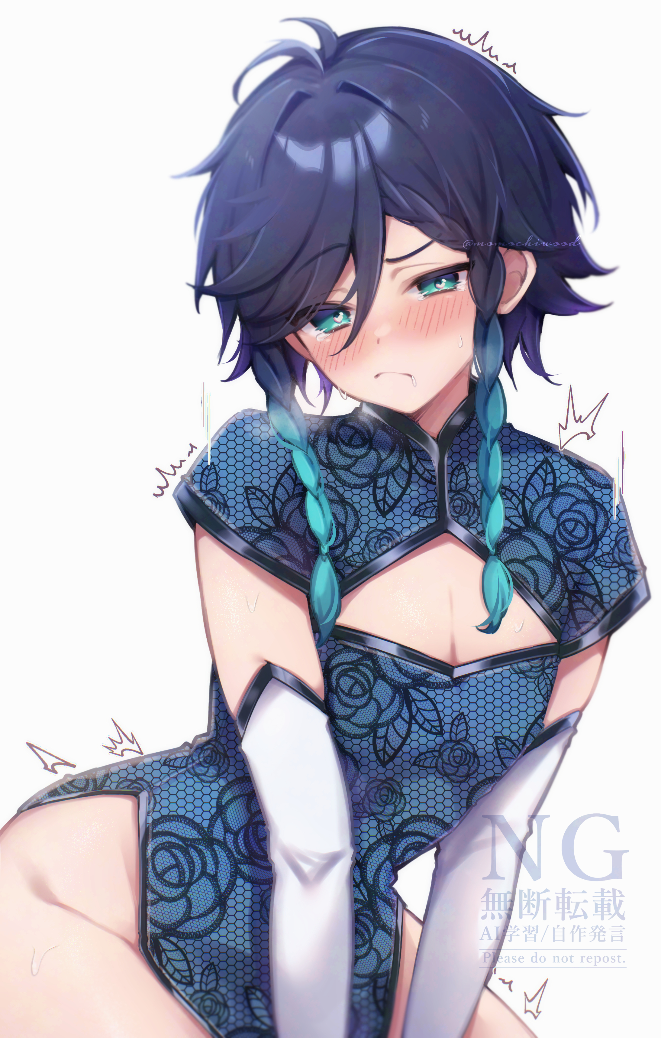 momochiwood, venti (genshin impact), genshin impact, absurdres, highres, 1boy, aqua hair, black hair, blue dress, blush, braid, china dress, chinese clothes, closed mouth, clothing cutout, crossdressing, crossdressing (mtf), dress, gradient hair, hair between eyes, male focus, multicolored hair, short hair with long locks, solo, twin braids, white sleeves