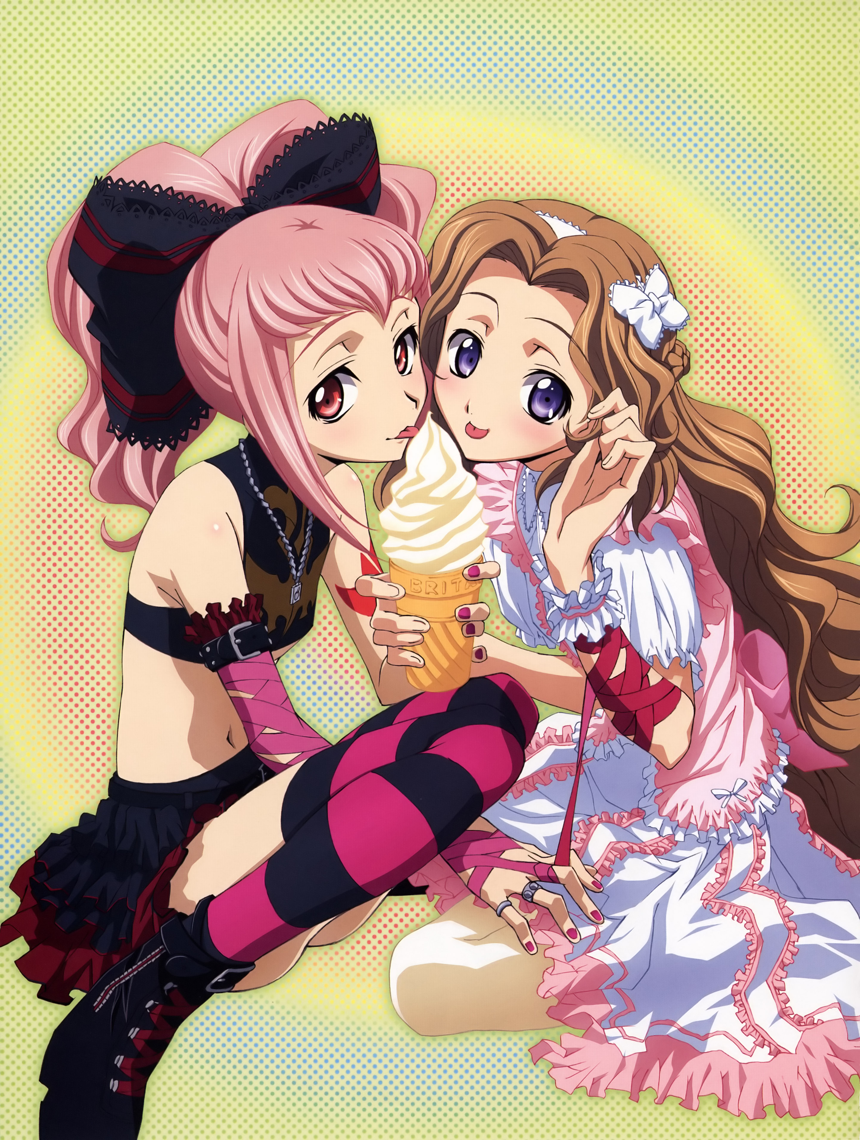 tabata hisayuki, anya alstreim, nunnally vi britannia, code geass, striped legwear, absurdres, highres, official art, reference work, 00s, 2girls, arm ribbon, bare shoulders, blue eyes, blush, braid, brown hair, dress, flat chest, food, frills, hair ribbon, hairband, ice cream, jewelry, licking, long hair, midriff, multiple girls, nail polish, navel, necklace, pink hair, pink nails, ponytail, red eyes, ribbon, skirt, striped clothes, striped thighhighs, thighhighs, tongue