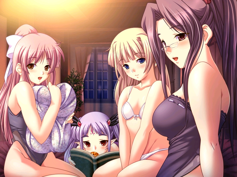 m&m, ayame neuendorf, cecilia wainsearth, erika rouleburg, iris (dungeon crusaderz), dungeon crusaderz, game cg, non-web source, 4girls, blonde hair, blue eyes, blush, book, bra, breasts, cookie, elf, flat chest, food, glasses, hair ornament, large breasts, lingerie, long hair, mouth hold, multiple girls, open mouth, panties, pillow, pink hair, pointy ears, ponytail, purple eyes, purple hair, red eyes, sitting, teddy (lingerie), twintails, underwear, white panties, yellow eyes