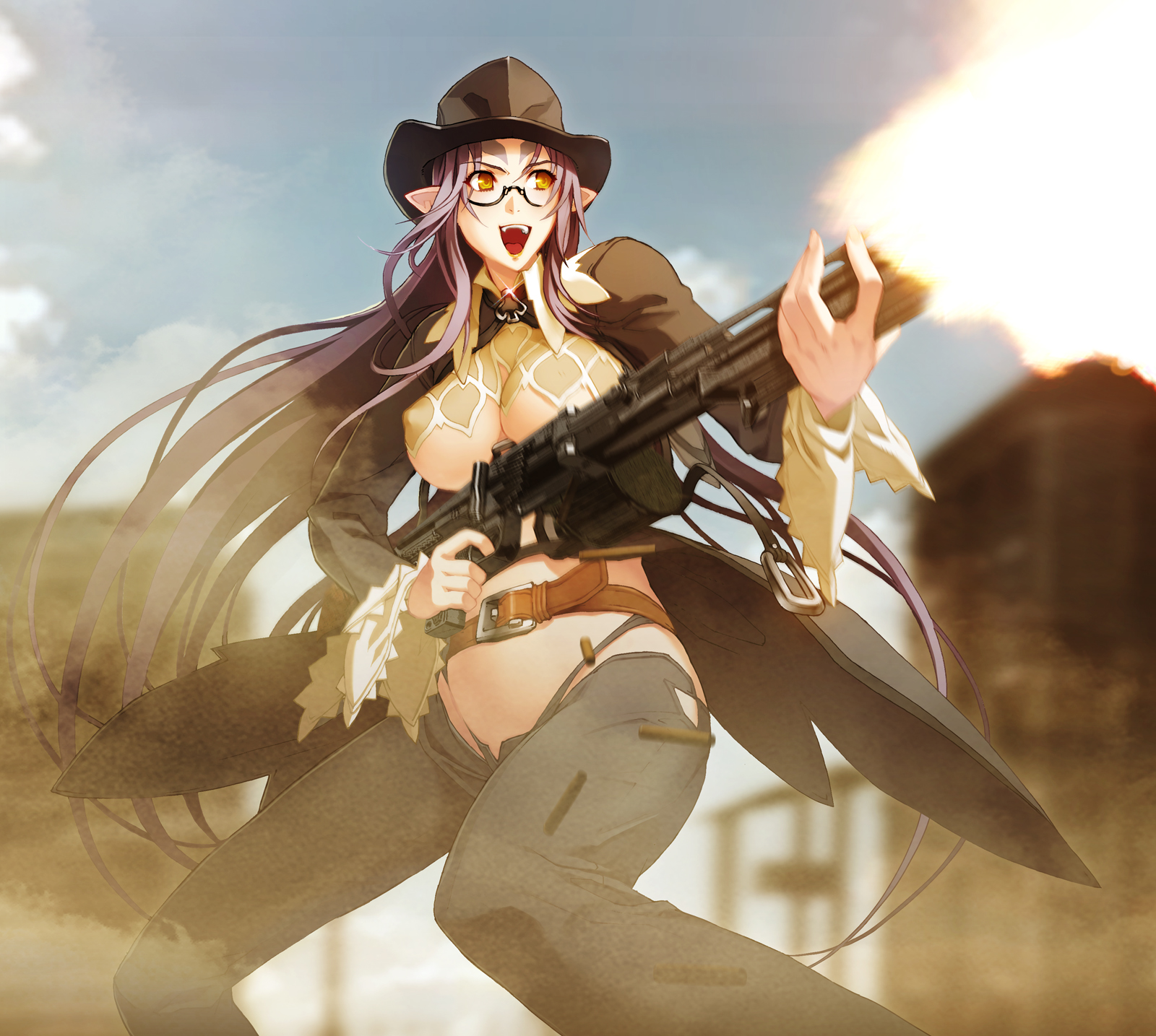 nishii (damnedrive), lily salvatana, nitroplus, zoku satsuriku no django, highres, 1girl, 3d, belt, black panties, breasts, covered erect nipples, cowboy hat, cowboy western, day, elf, facial mark, female focus, firing, forehead mark, glasses, gun, hat, holding, holding gun, holding weapon, large breasts, lipstick, long hair, machine gun, makeup, mg42, open mouth, outdoors, panties, pointy ears, purple hair, rifle, shell casing, sky, solo, underboob, underwear, very long hair, weapon, yellow eyes