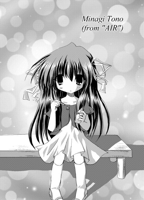 toono minagi, air (visual novel), tagme, 00s, greyscale, hair ribbon, long hair, monochrome, ribbon, solo