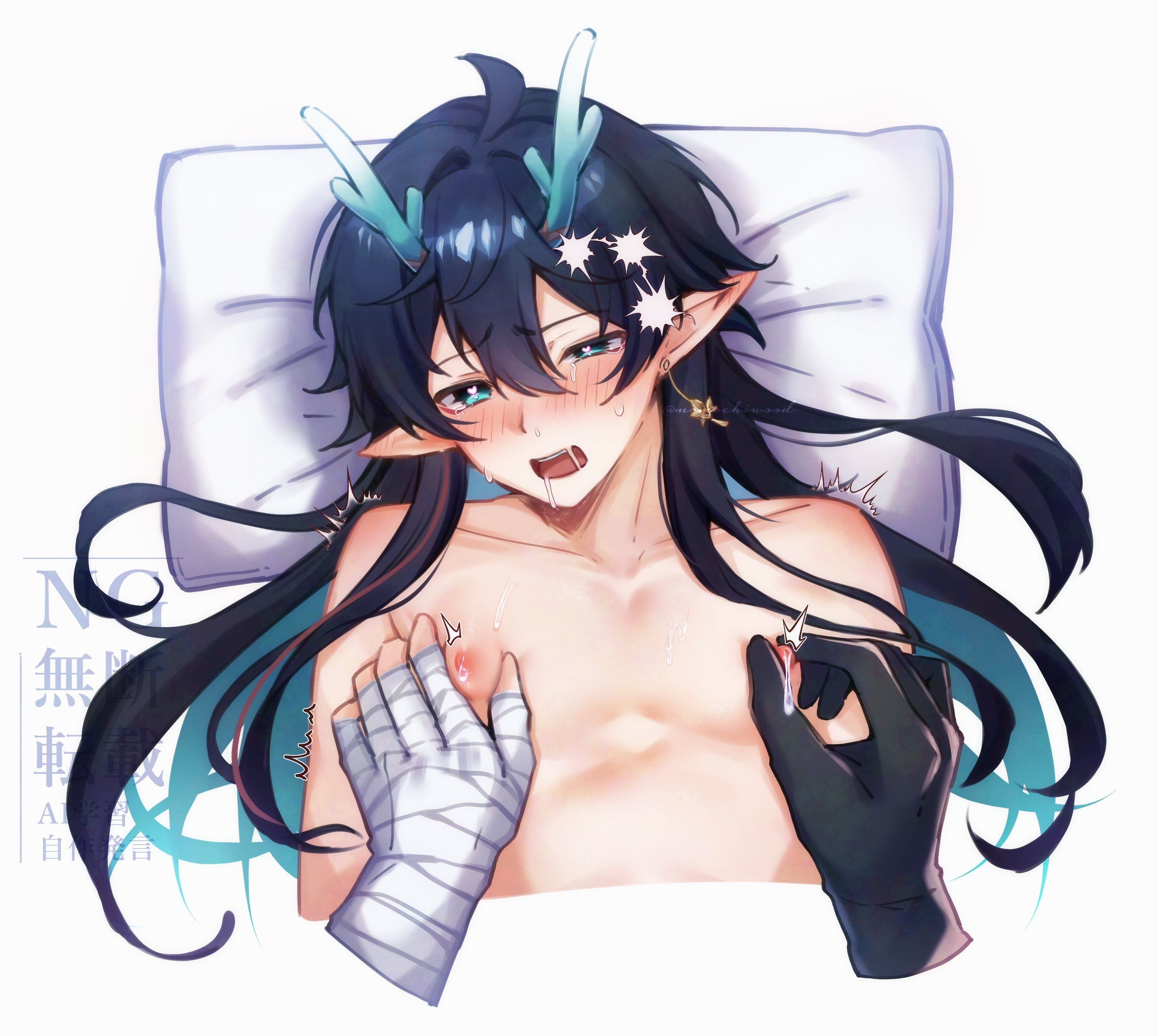 momochiwood, dan heng (honkai: star rail), dan heng (imbibitor lunae) (honkai: star rail), honkai: star rail, honkai (series), absurdres, highres, 2boys, aqua eyes, aqua hair, bandaged hand, bandages, black gloves, black hair, colored inner hair, dragon boy, dragon horns, earrings, gloves, hair between eyes, horns, jewelry, long hair, lying, male focus, multicolored hair, multiple boys, nipples, open mouth, pillow, pointy ears, saliva, topless male, yaoi