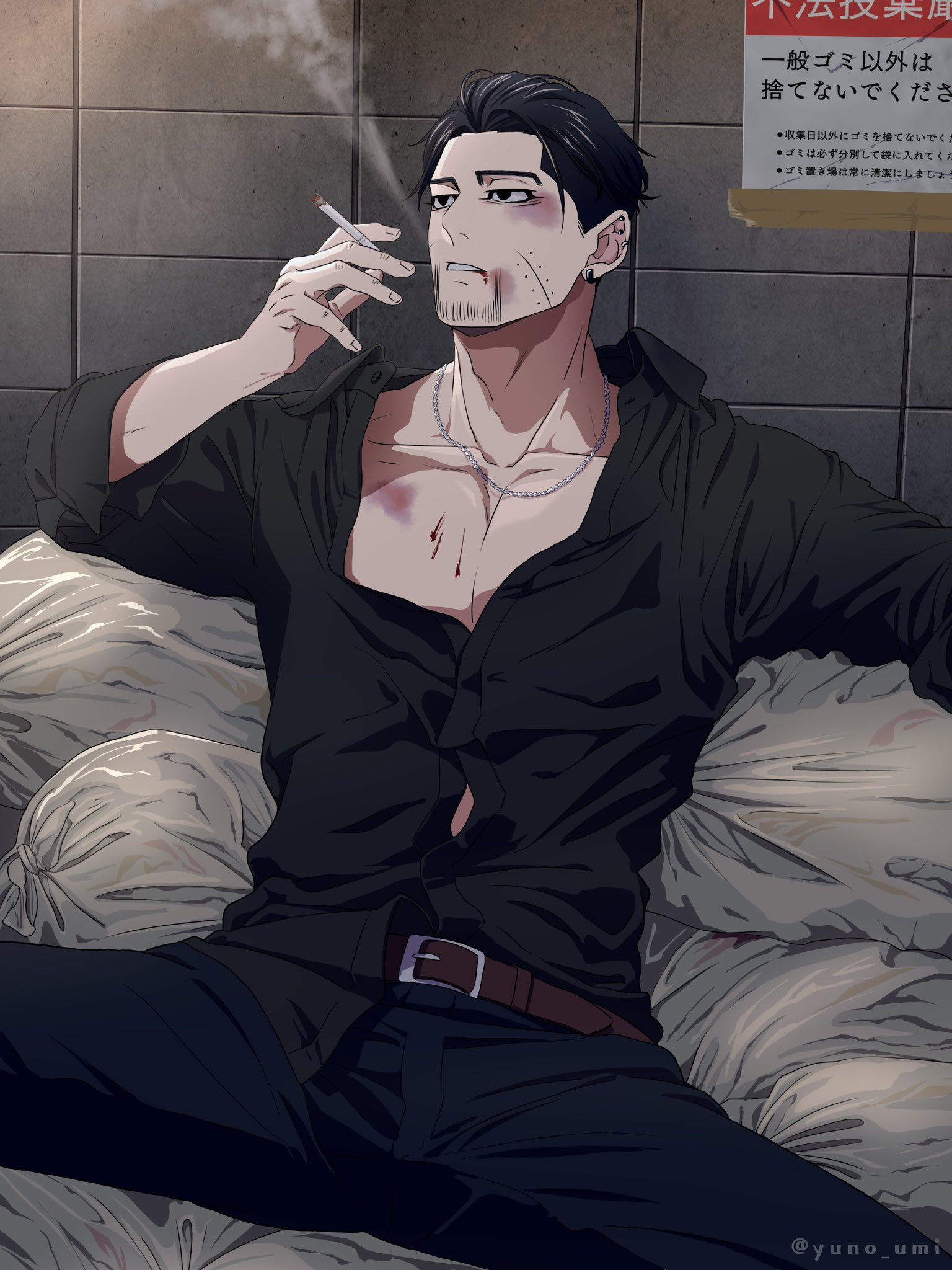 washiko (rasuko), ogata hyakunosuke, golden kamuy, highres, translation request, 1boy, belt, black hair, black pants, black shirt, brown belt, bruise, collarbone, facial hair, goatee stubble, injury, male focus, mature male, pants, pectoral cleavage, pectorals, scar, scar on face, shirt, short hair, sitting, smoking, solo, spread legs, stubble, trash bag