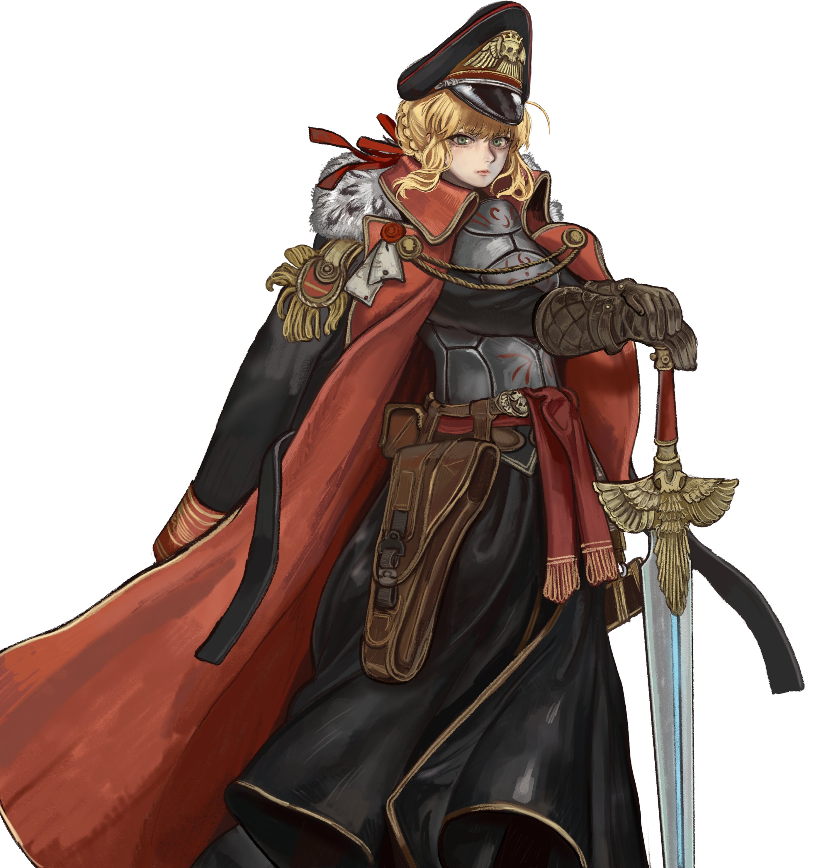 kkghost tv, artoria pendragon (fate), commissar, saber (fate), fate/stay night, fate (series), warhammer 40k, absurdres, commission, highres, 1girl, adapted costume, ahoge, armor, blonde hair, breasts, cape, gloves, green eyes, hair ribbon, hat, holding, holding sword, holding weapon, holster, long hair, military, military hat, military uniform, peaked cap, red cape, red ribbon, ribbon, solo, sword, weapon