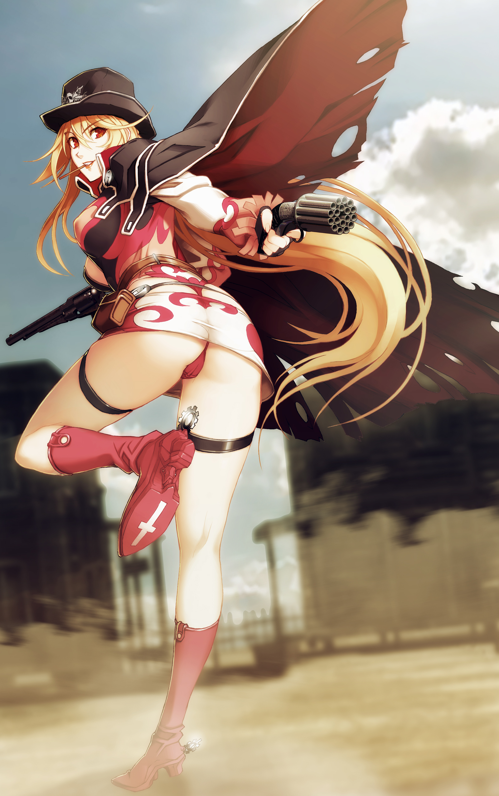 nishii (damnedrive), donne anonime, nitroplus, zoku satsuriku no django, red footwear, absurdres, highres, 1girl, ass, blonde hair, boots, cameltoe, cape, cloud, cowboy hat, cowboy western, dutch angle, female focus, fingerless gloves, full body, gloves, gun, handgun, hat, high heels, kneepits, legs, leotard, long hair, long legs, looking back, microskirt, miniskirt, multiple-barrel gun, outdoors, panties, pepper-box, pepper-box revolver, pistol, red eyes, red panties, revolver, shoes, sidearm, skirt, sky, smile, solo, spurs, standing, thigh strap, thighs, thong, thong leotard, torn cape, torn clothes, underwear, weapon