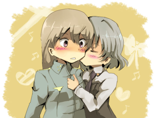 kiko (strategist), strategist, eila ilmatar juutilainen, sanya v. litvyak, strike witches, world witches series, 00s, 2girls, blush, couple, kiss, military, military uniform, multiple girls, yuri