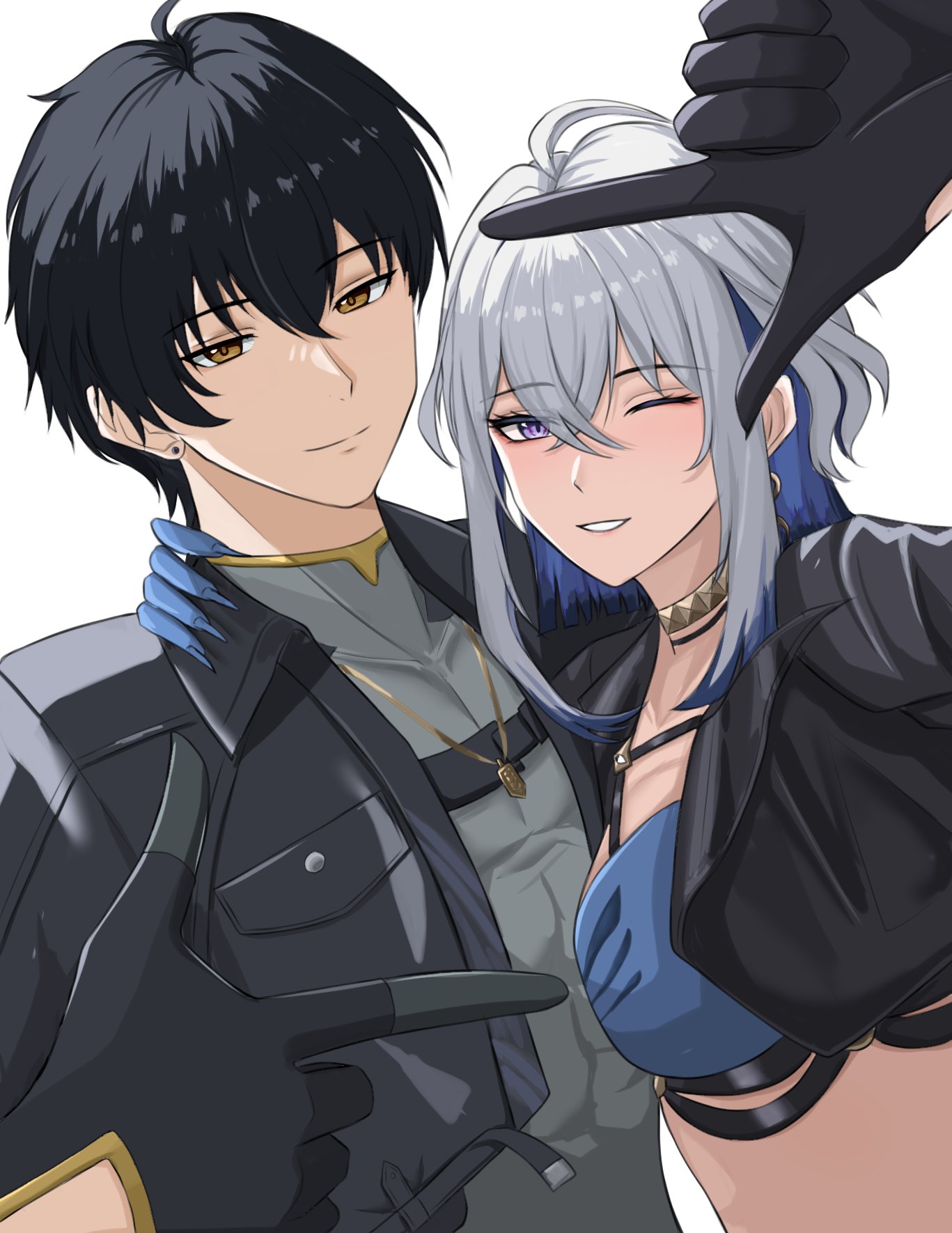 luckplz, galbrena (wuthering waves), male rover (wuthering waves), rover (wuthering waves), wuthering waves, commentary, highres, symbol-only commentary, 1boy, 1girl, black gloves, black hair, black jacket, blue bra, blue hair, bra, closed mouth, collared jacket, colored inner hair, cropped jacket, earrings, finger frame, finger frame duo, fingernails, gloves, gold choker, grey hair, grey shirt, hair between eyes, jacket, jewelry, looking at viewer, medium hair, multicolored hair, one eye closed, parted lips, purple eyes, shirt, sidelocks, simple background, smile, underwear, white background, yellow eyes