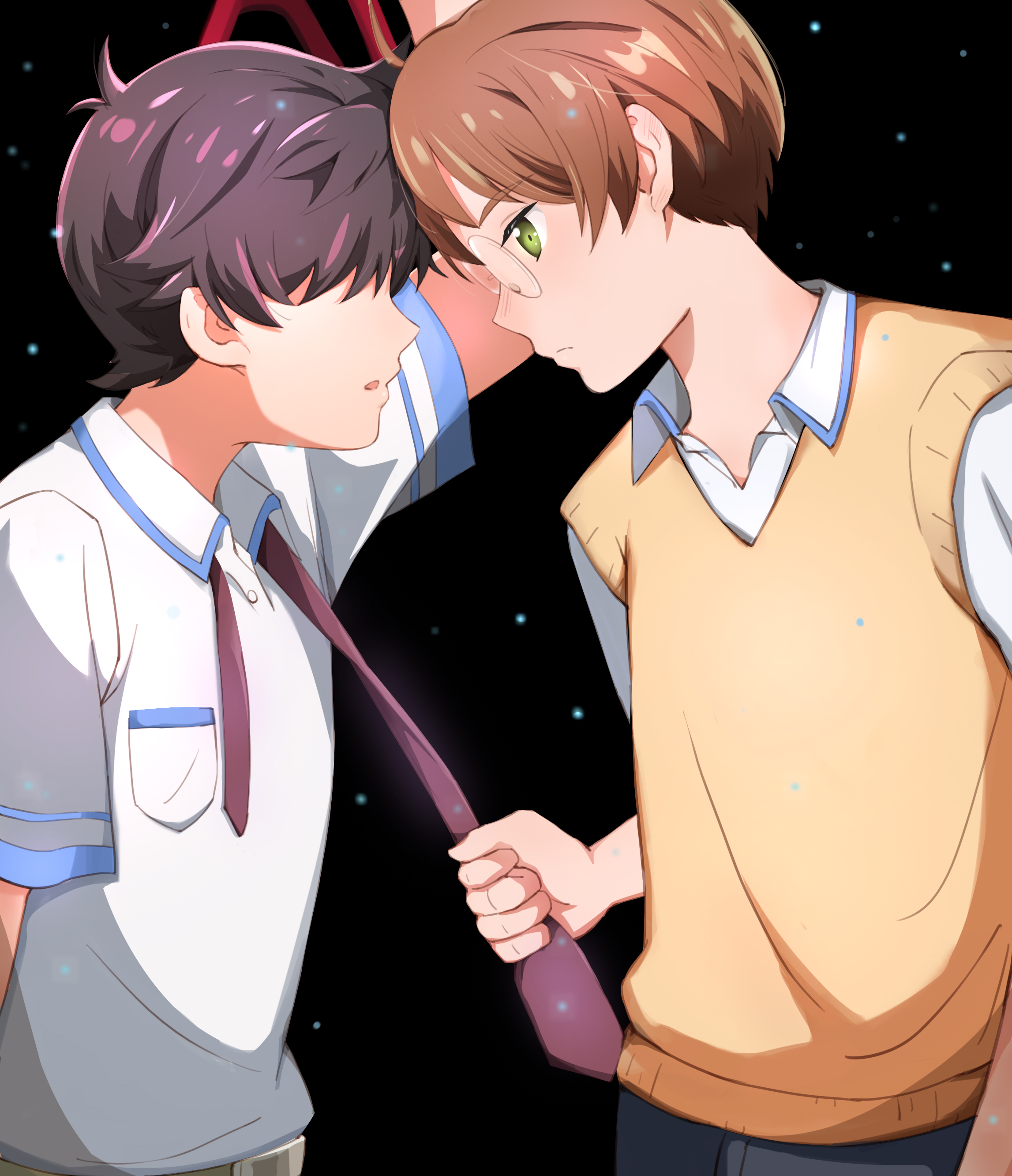jinnai enta, yasaka kazuki, sarazanmai, absurdres, commentary request, highres, 2boys, black background, breast pocket, brown hair, brown sweater vest, cancrie53, closed mouth, clothes grab, green eyes, grey pants, hair over eyes, male focus, multiple boys, necktie, necktie grab, neckwear grab, pants, parted lips, pocket, round eyewear, shirt, short hair, short sleeves, star (sky), sweater vest, white shirt, yaoi