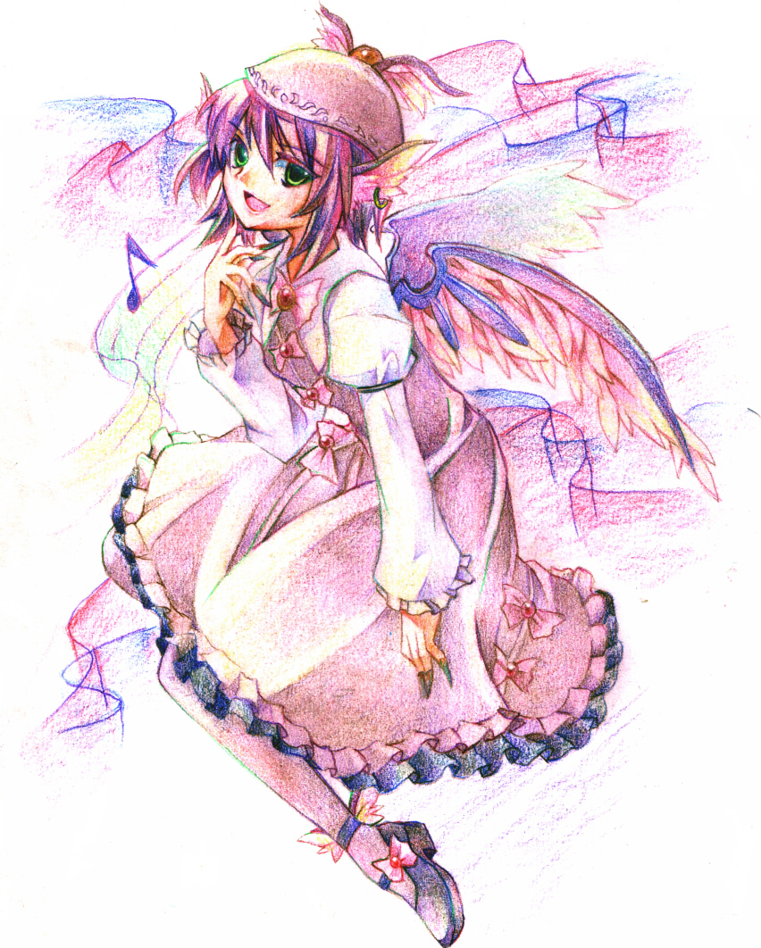 myaaco, mystia lorelei, touhou, winged footwear, colored pencil (medium), traditional media, 1girl, animal ears, dress, earrings, female focus, fingernails, frilled dress, frills, green eyes, hand on own chin, hat, jewelry, long fingernails, music, musical note, nail (hardware), pink hair, shoes, short hair, singing, solo, wings