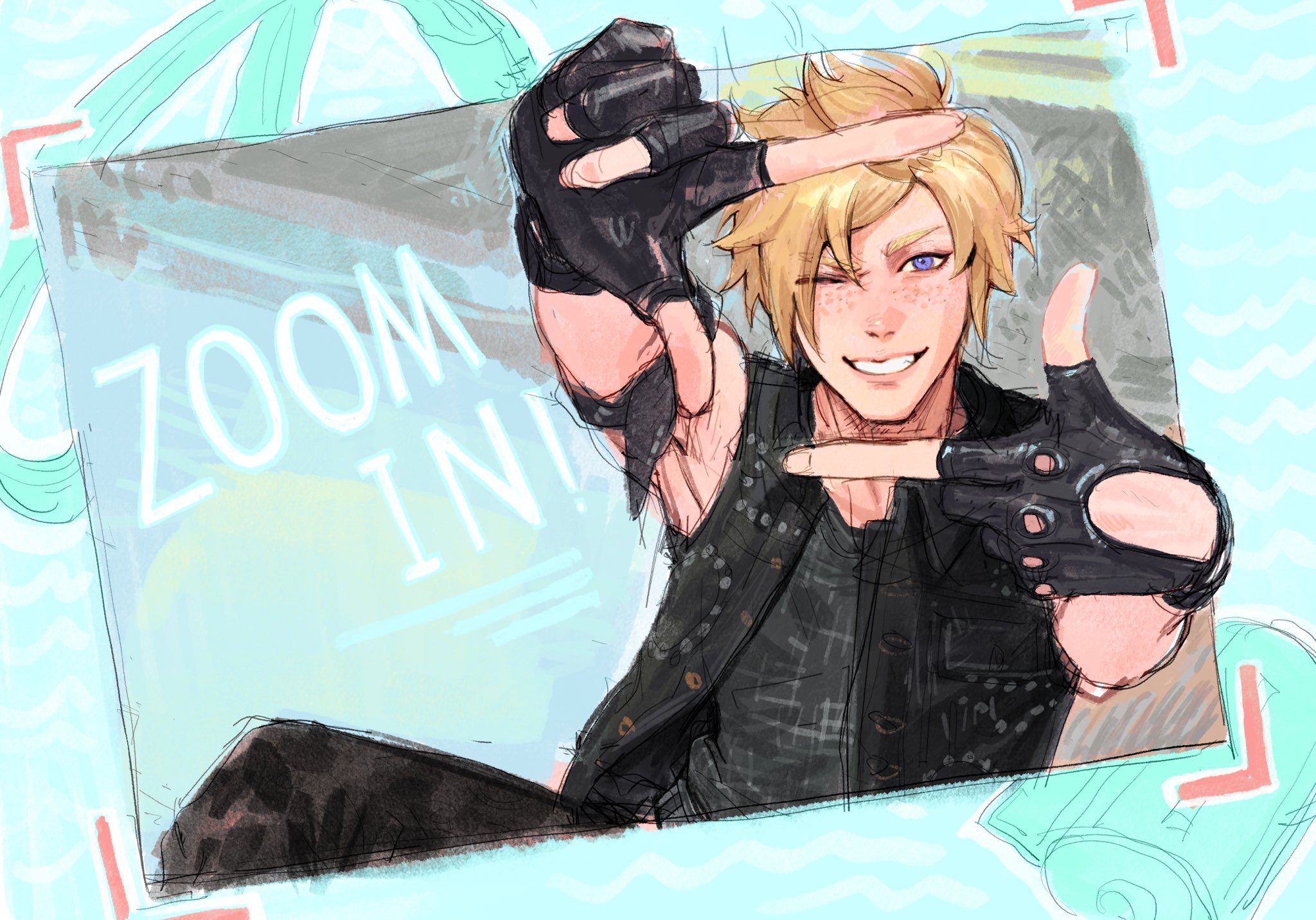 prompto argentum, final fantasy, final fantasy xv, highres, 1boy, anmoko0520, black gloves, black pants, black shirt, black vest, blonde hair, english text, finger frame, fingerless gloves, freckles, gloves, looking at viewer, male focus, one eye closed, pants, purple eyes, shirt, short hair, sleeveless, solo, vest