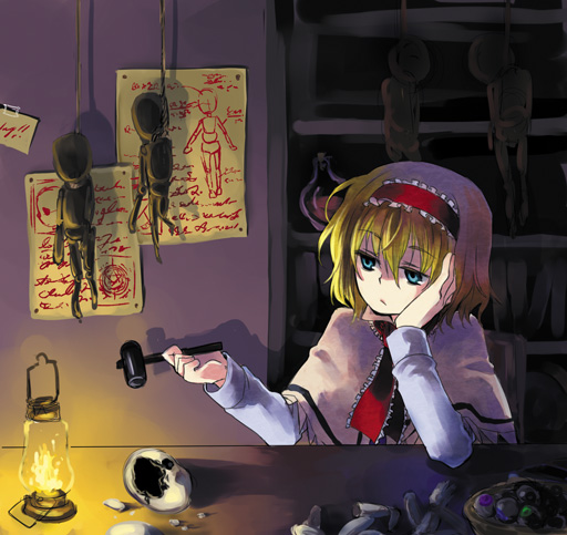 tadano kagekichi, alice margatroid, touhou, 1girl, blonde hair, blue eyes, doll, female focus, hammer, hand on own cheek, hand on own face, hanged, lamp, noose, note, shelf, short hair, solo, table