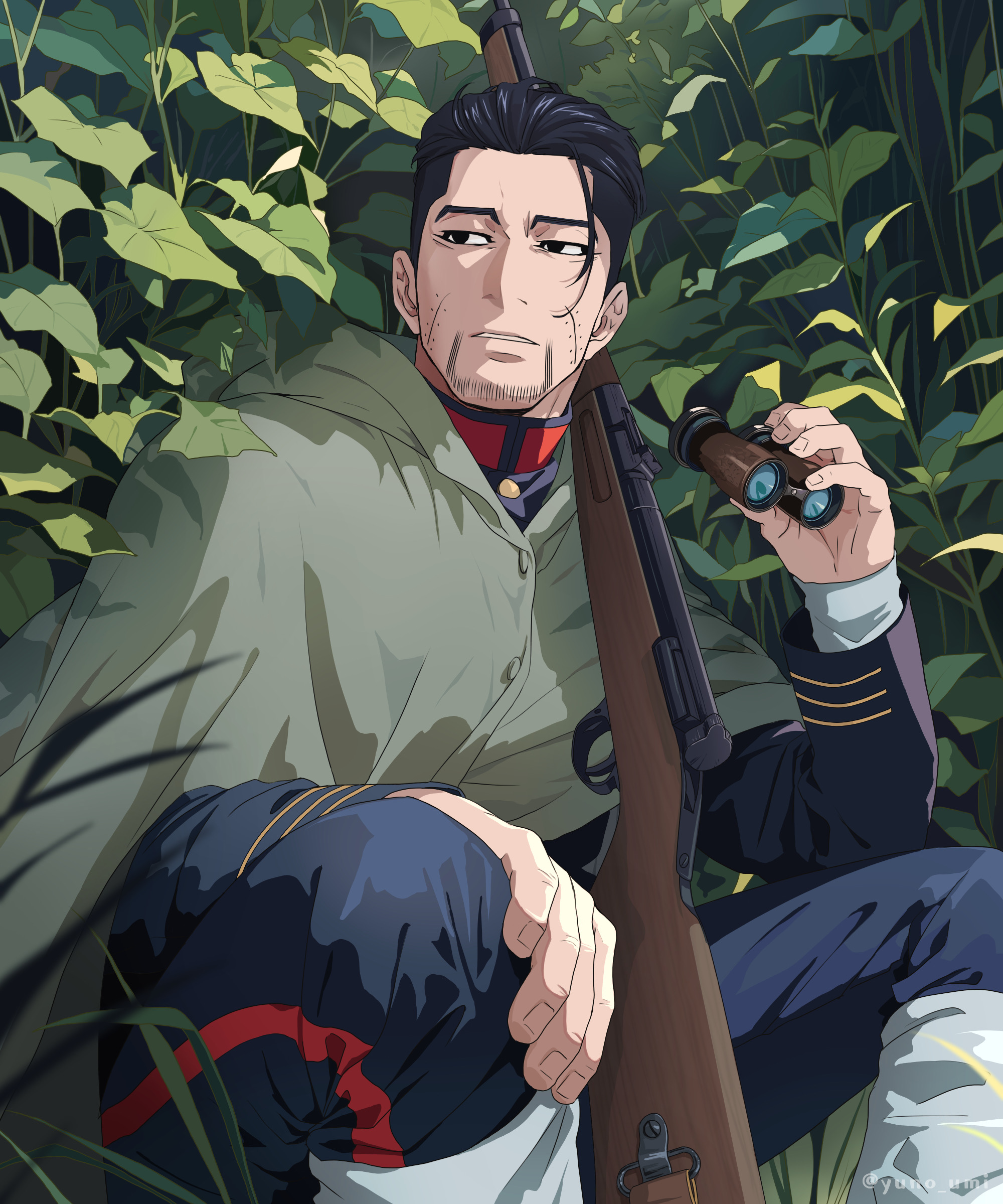 washiko (rasuko), ogata hyakunosuke, golden kamuy, absurdres, commentary request, highres, weapon request, 1boy, binoculars, black eyes, black hair, black pants, buttons, cloak, fingernails, forest, gun, holding, holding binoculars, male focus, nature, outdoors, pants, parted lips, rifle, scar, scar on face, solo, squatting, weapon