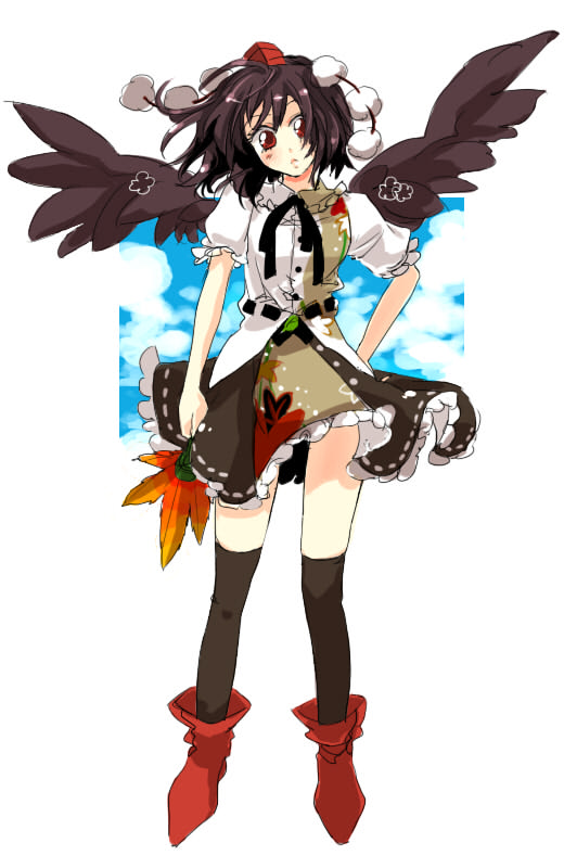 popoin, shameimaru aya, touhou, 1girl, black hair, black thighhighs, black wings, female focus, hand fan, hat, head tilt, looking at viewer, red eyes, red hat, short hair, solo, thighhighs, tokin hat, wings