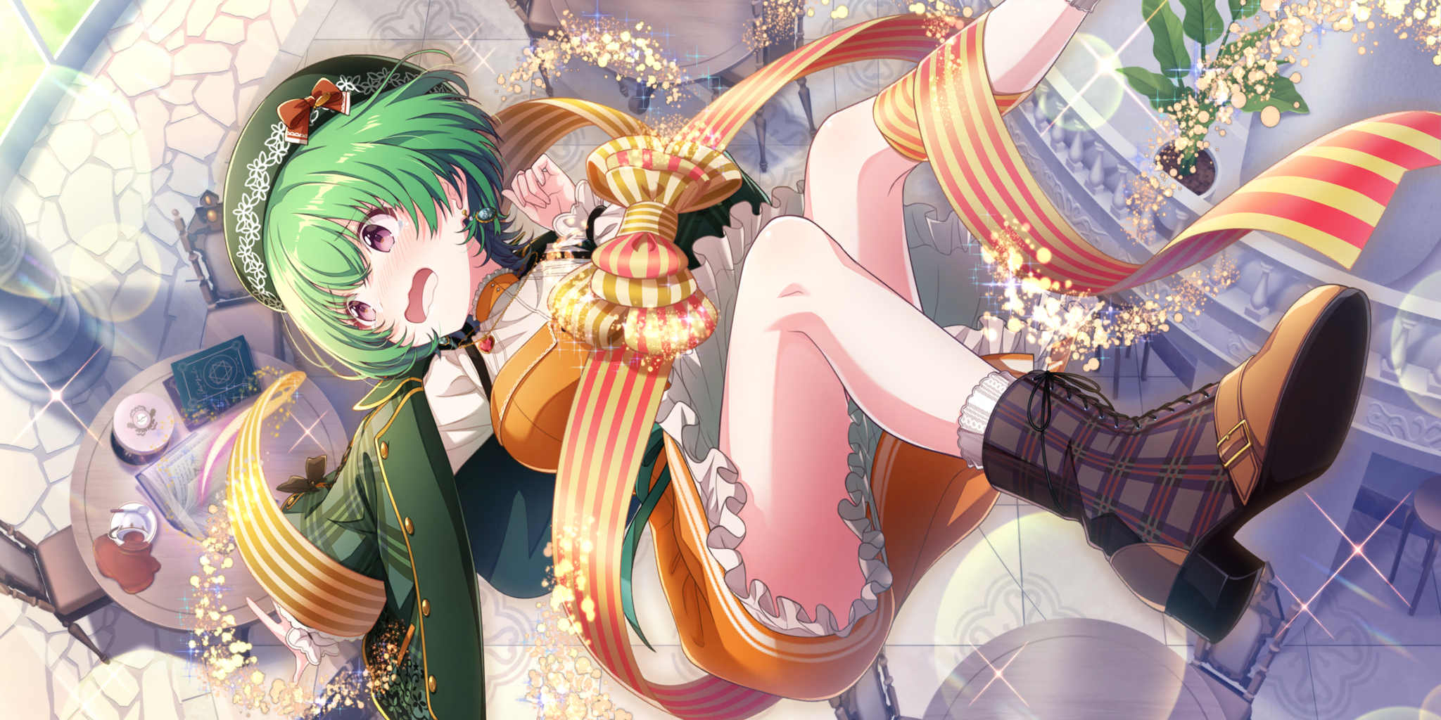 lynette (lapis re:lights), lapis re:lights, game cg, highres, official art, 1girl, balcony, beret, blush, book, boots, bow, breasts, brown boots, casting spell, chair, cup, day, dress, earrings, floating, floating earrings, from above, green hair, green hat, green jacket, hand up, hat, hat bow, high heels, jacket, jewelry, lace-up boots, large breasts, lens flare, long sleeves, magic, midair, nose blush, open book, open clothes, open jacket, open mouth, orange dress, outdoors, outstretched arm, pillar, plaid clothes, plaid jacket, plant, plate, potted plant, purple eyes, railing, red bow, ribbon, round table, saucer, shirt, short hair, solo, sparkle, spill, spoon, stone walkway, striped bow, striped ribbon, table, teacup, tearing up, tile floor, tiles, white shirt, wooden chair, wooden table, yellow bow, yellow ribbon