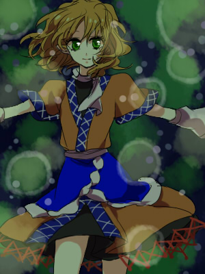 popoin, mizuhashi parsee, touhou, lowres, 1girl, blonde hair, blue skirt, closed mouth, cowboy shot, female focus, green eyes, looking at viewer, puffy short sleeves, puffy sleeves, short hair, short sleeves, skirt, smile, solo