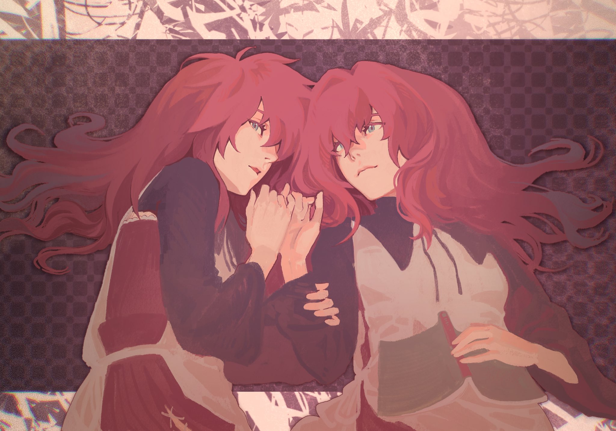 devola, popola, nier, nier (series), hashtag-only commentary, highres, 2girls, anmoko0520, book, green eyes, hair between eyes, holding, holding book, long hair, looking at another, looking at viewer, lying, multiple girls, on back, on side, pinky swear, red hair, upper body