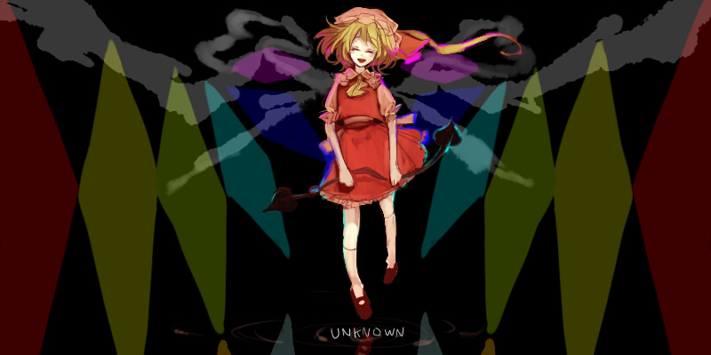 popoin, flandre scarlet, touhou, 1girl, blonde hair, blouse, dark, english text, female focus, hat, mob cap, one side up, shirt, short hair, side ponytail, socks, solo, white hat, white shirt, white socks, wings