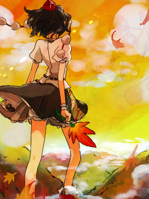 popoin, shameimaru aya, touhou, lowres, 1girl, cloud, female focus, hand fan, hat, outdoors, plant, sky, solo, standing, tokin hat
