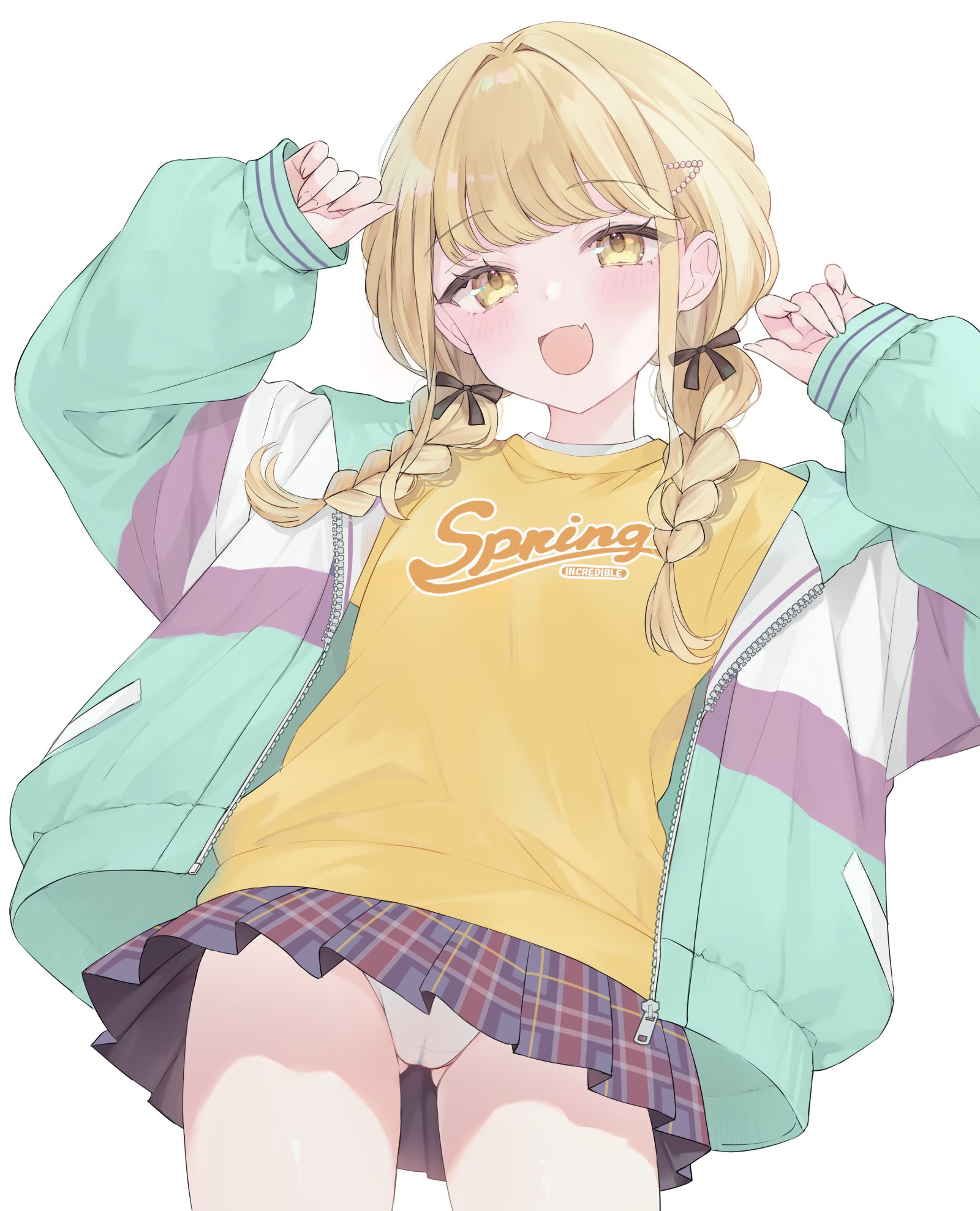 fujita kotone, gakuen idolmaster, idolmaster, braided twintails, commentary request, highres, 1girl, :d, black ribbon, black skirt, blonde hair, blush, braid, cameltoe, clothes writing, fang, fingernails, from below, gluteal fold, green jacket, hair ornament, hair ribbon, hairclip, hands up, hood, hood down, hooded jacket, jacket, long hair, long sleeves, looking at viewer, looking down, low twintails, miniskirt, multicolored jacket, open mouth, panties, plaid clothes, plaid skirt, poyamapoko, puffy long sleeves, puffy sleeves, purple jacket, ribbon, shirt, simple background, skin fang, skirt, smile, solo, swept bangs, t-shirt, twintails, underwear, white background, white jacket, white panties, yellow eyes, yellow shirt, zipper, zipper pull tab