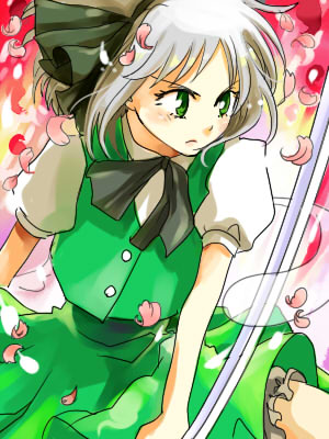 popoin, konpaku youmu, konpaku youmu (ghost), touhou, silver hair, lowres, 1girl, female focus, green eyes, hitodama, solo