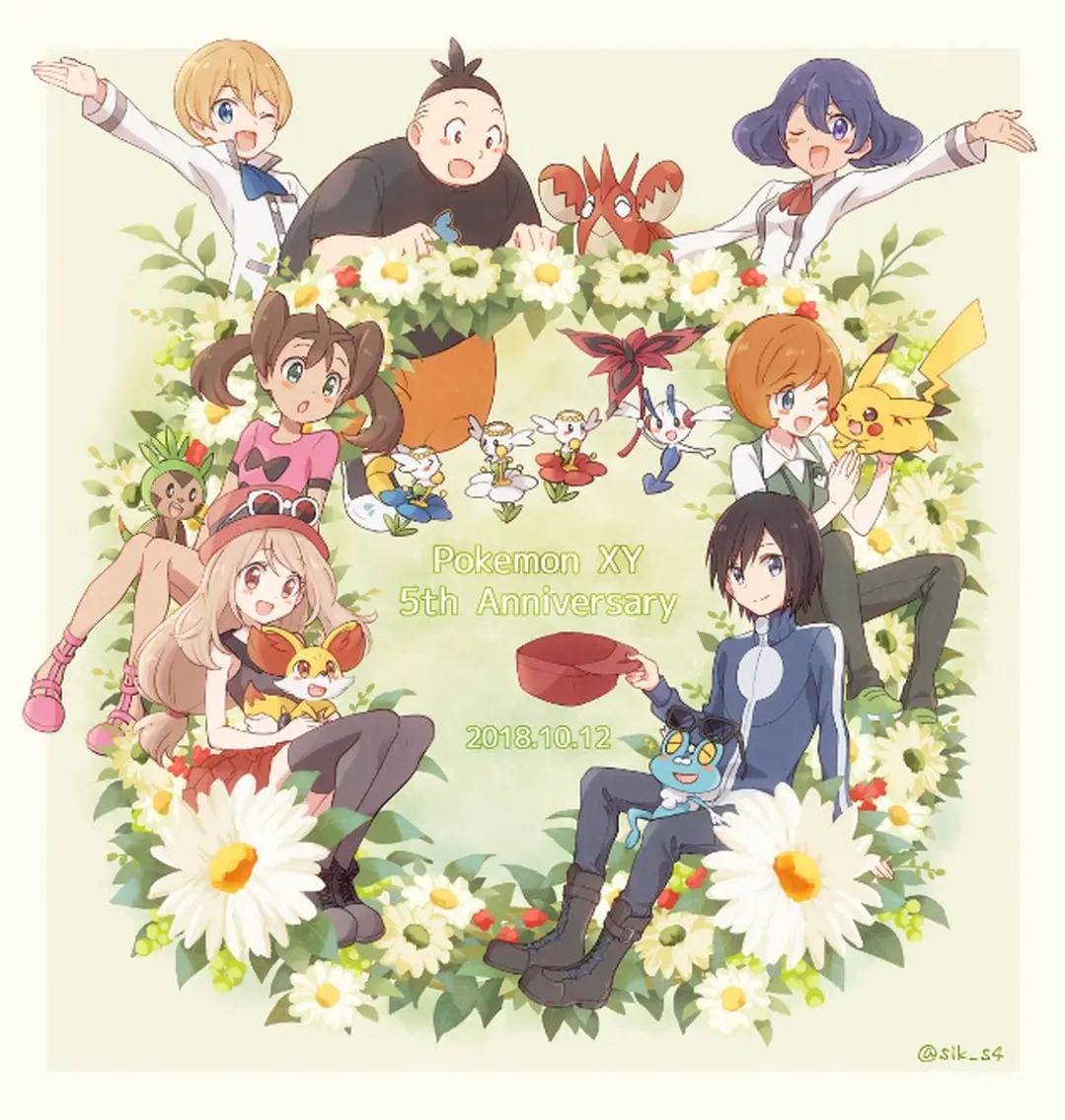 yairo (sik s4), calem (pokemon), chespin, corphish, dexio (pokemon), fennekin, floette, floette (blue flower), floette (eternal), floette (red flower), floette (white flower), froakie, pikachu, serena (pokemon), shauna (pokemon), sina (pokemon), tierno (pokemon), trevor (pokemon), nintendo, pokemon, pokemon xy, bad id, bad twitter id, 3girls, 4boys, anniversary, black hair, black shirt, black thighhighs, blonde hair, blue eyes, blue jacket, blue neckerchief, blush stickers, brown hair, dated, eyewear on head, flower, gen 1 pokemon, gen 3 pokemon, gen 6 pokemon, hat, holding, holding unworn clothes, holding unworn hat, jacket, multiple boys, multiple girls, neckerchief, one eye closed, open mouth, orange hair, pokemon (creature), red hat, red neckerchief, shirt, sunglasses, thighhighs, twitter username, unworn hat, unworn headwear