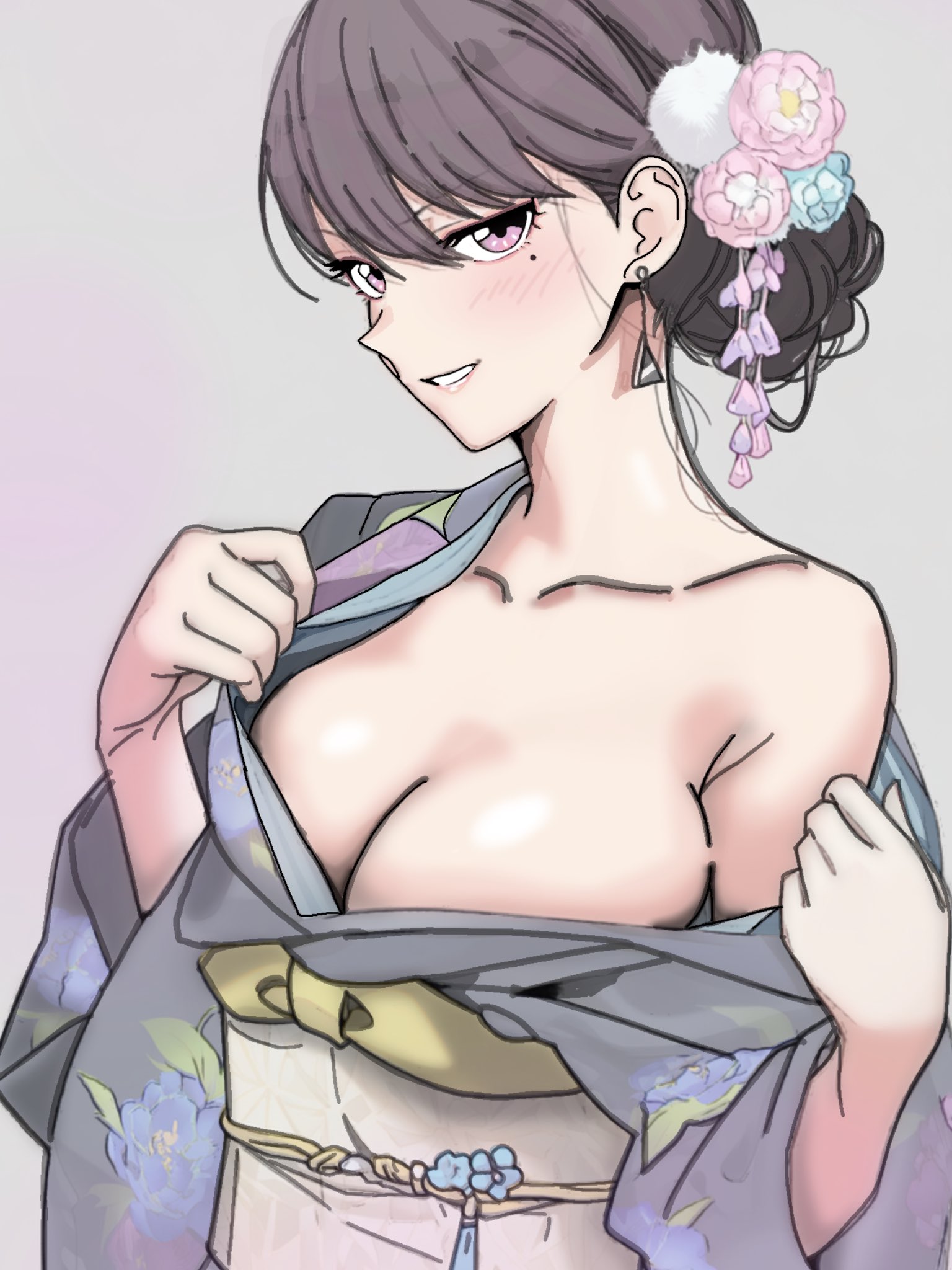 wtsino, shiina taki, bang dream!, bang dream! it's mygo!!!!!, commentary, highres, 1girl, alternate costume, alternate hairstyle, armpit crease, black hair, breasts, cleavage, collarbone, earrings, flashing, floral print, floral print kimono, grey background, grey kimono, grin, hair behind ear, hair bun, hair ornament, hair up, hands up, japanese clothes, jewelry, kanzashi, kimono, large breasts, looking at viewer, mole, mole under eye, no bra, obi, obiage, obidome, obijime, opened by self, print kimono, purple eyes, sash, shiny skin, sideways glance, simple background, single bare shoulder, single hair bun, single off shoulder, smile, solo, triangle earrings, upper body, v-shaped eyebrows, white sash