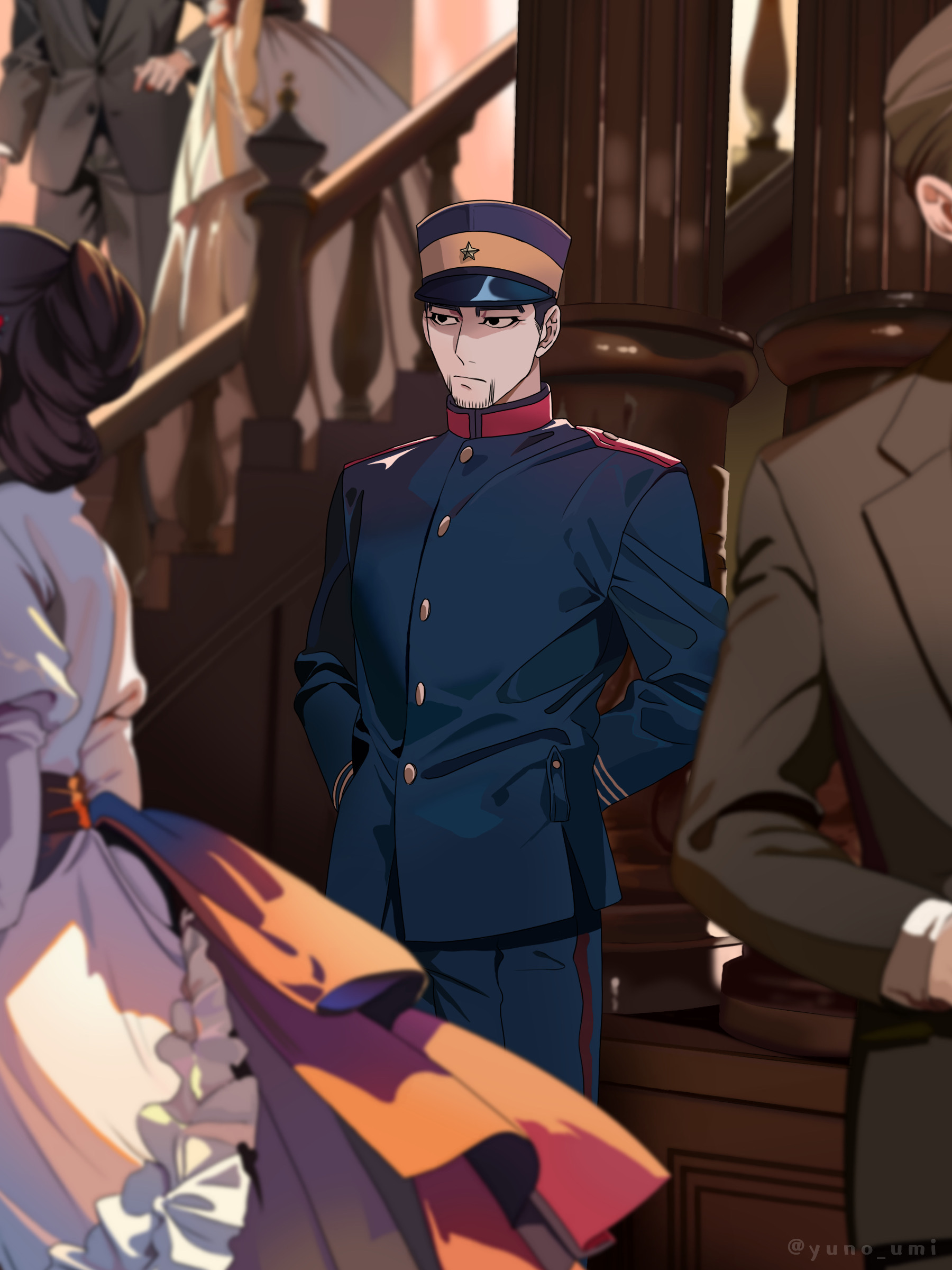 washiko (rasuko), ogata hyakunosuke, golden kamuy, absurdres, commentary request, highres, 2girls, 3boys, arms behind back, black eyes, black hair, blue jacket, blue pants, closed mouth, facial hair, goatee stubble, hat, indoors, jacket, long sleeves, male focus, multiple boys, multiple girls, pants, peaked cap, short hair, solo focus, stairs, stubble