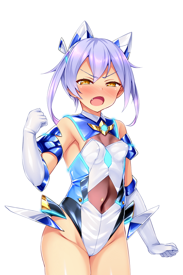 satou kuuki, fujii natsumi (ysphere), soukou seiki ysphere, game cg, large variant set, non-web source, official art, variant set, 1girl, bare shoulders, blue-tinted eyewear, blush, breasts, covered erect nipples, covered navel, cowboy shot, elbow gloves, fang, gloves, headgear, highleg, highleg leotard, leotard, looking at viewer, multicolored leotard, open mouth, purple hair, short hair, simple background, small breasts, solo, standing, thighhighs, tinted eyewear, transparent background, twintails, two-tone leotard, v-shaped eyebrows, white background, white gloves, white leotard, yellow eyes, ys aqua