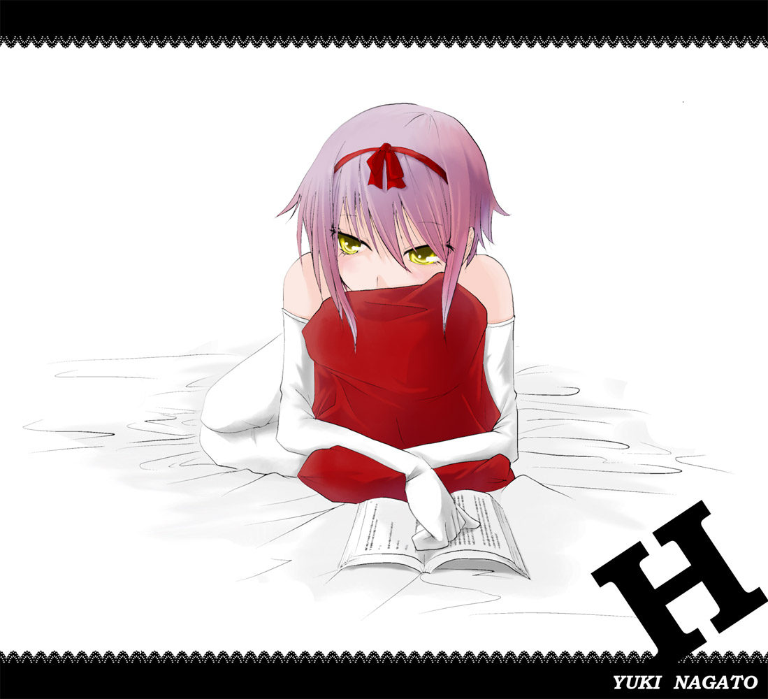 ushi (ushi manji), nagato yuki, suzumiya haruhi no yuuutsu, bad id, bad pixiv id, 00s, bare shoulders, book, elbow gloves, gloves, pillow, purple hair, ribbon, short hair, solo, yellow eyes