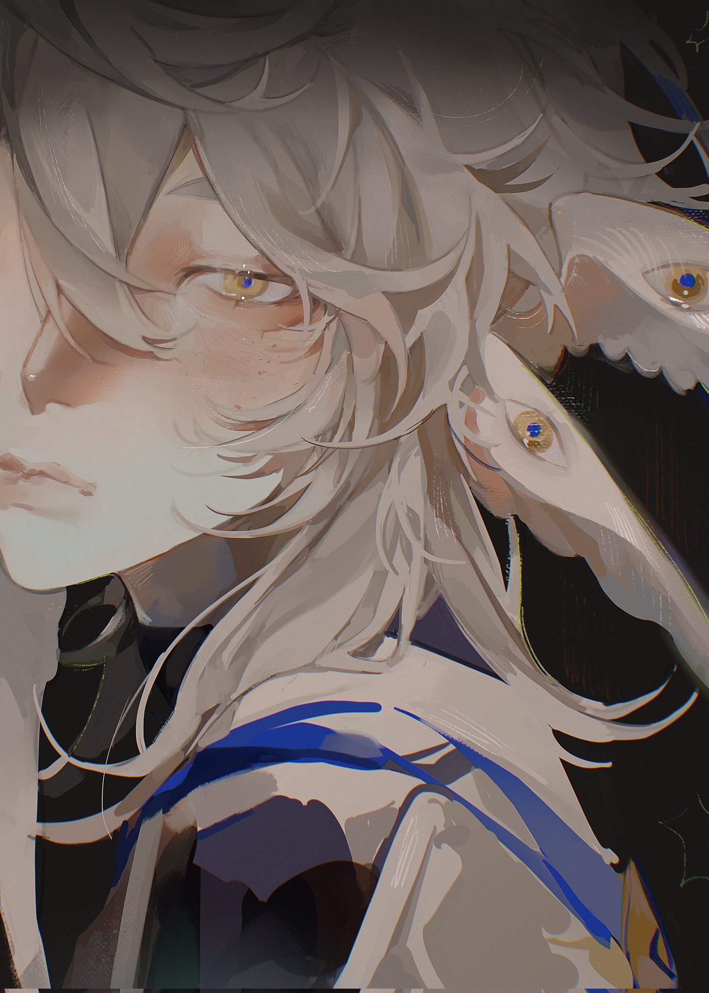 sunday (honkai: star rail), honkai: star rail, honkai (series), highres, anar 9158, black background, blush, eyes on wings, grey hair, head wings, looking at viewer, messy hair, wings, yellow eyes