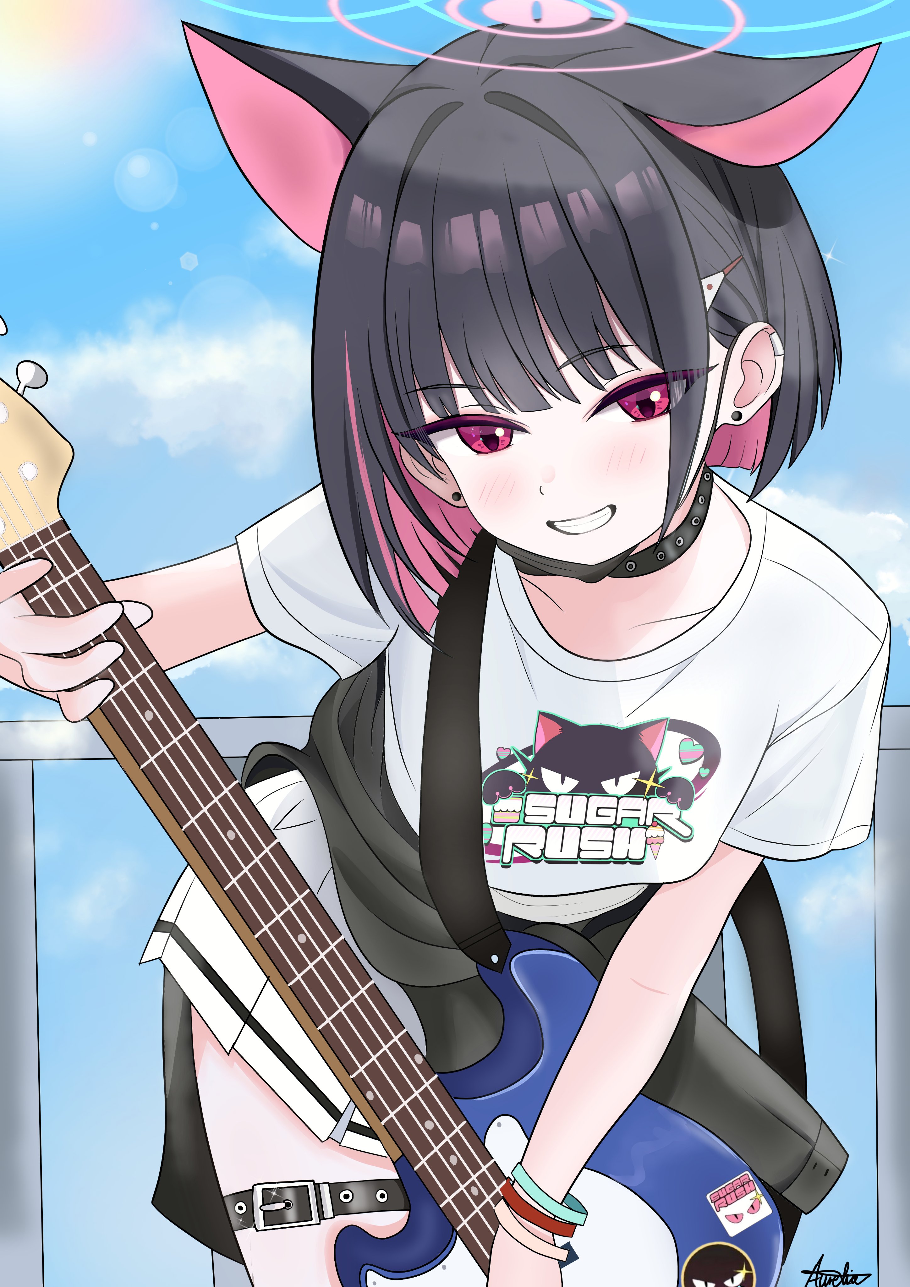 aurelia88, kazusa (band) (blue archive), kazusa (blue archive), blue archive, absurdres, commentary, highres, 1girl, :d, animal ears, animal print, black choker, blue sky, blunt bangs, blunt ends, blush, bob cut, cat ears, cat girl, cat print, choker, clothes around waist, colored inner animal ears, colored inner hair, cowboy shot, day, earrings, extra ears, eyes visible through hair, grin, guitar, hair behind ear, halo, happy, holding, holding guitar, holding instrument, instrument, jewelry, leaning forward, looking at viewer, mask, mask pull, miniskirt, mouth mask, multicolored hair, official alternate costume, open mouth, outdoors, pink halo, pleated skirt, print shirt, red eyes, shirt, short hair, short sleeves, signature, skirt, sky, smile, solo, stud earrings, t-shirt, tsurime, white shirt, white skirt