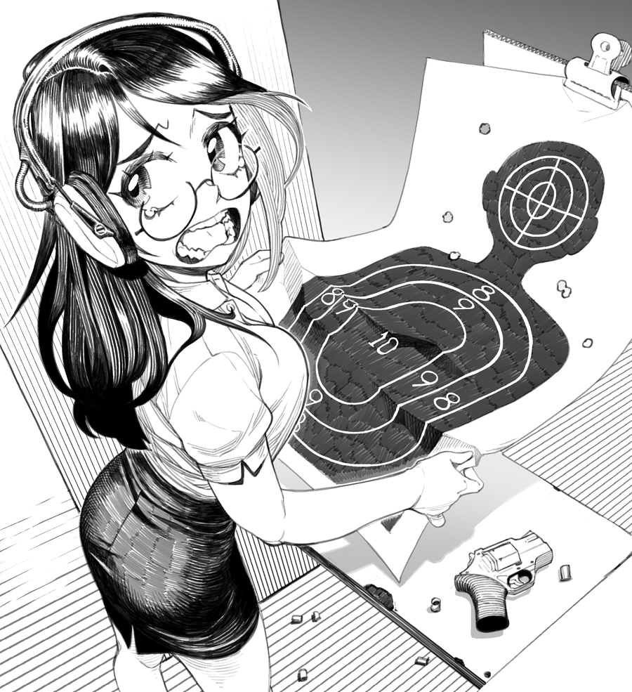 electric niw, original, commentary, english commentary, 1girl, chiappa rhino, collared shirt, ear protection, glasses, greyscale, gun, handgun, hatching (texture), long hair, monochrome, open mouth, pencil skirt, revolver, shell casing, shirt, silhouette target, skirt, solo, tearing up, teeth, weapon