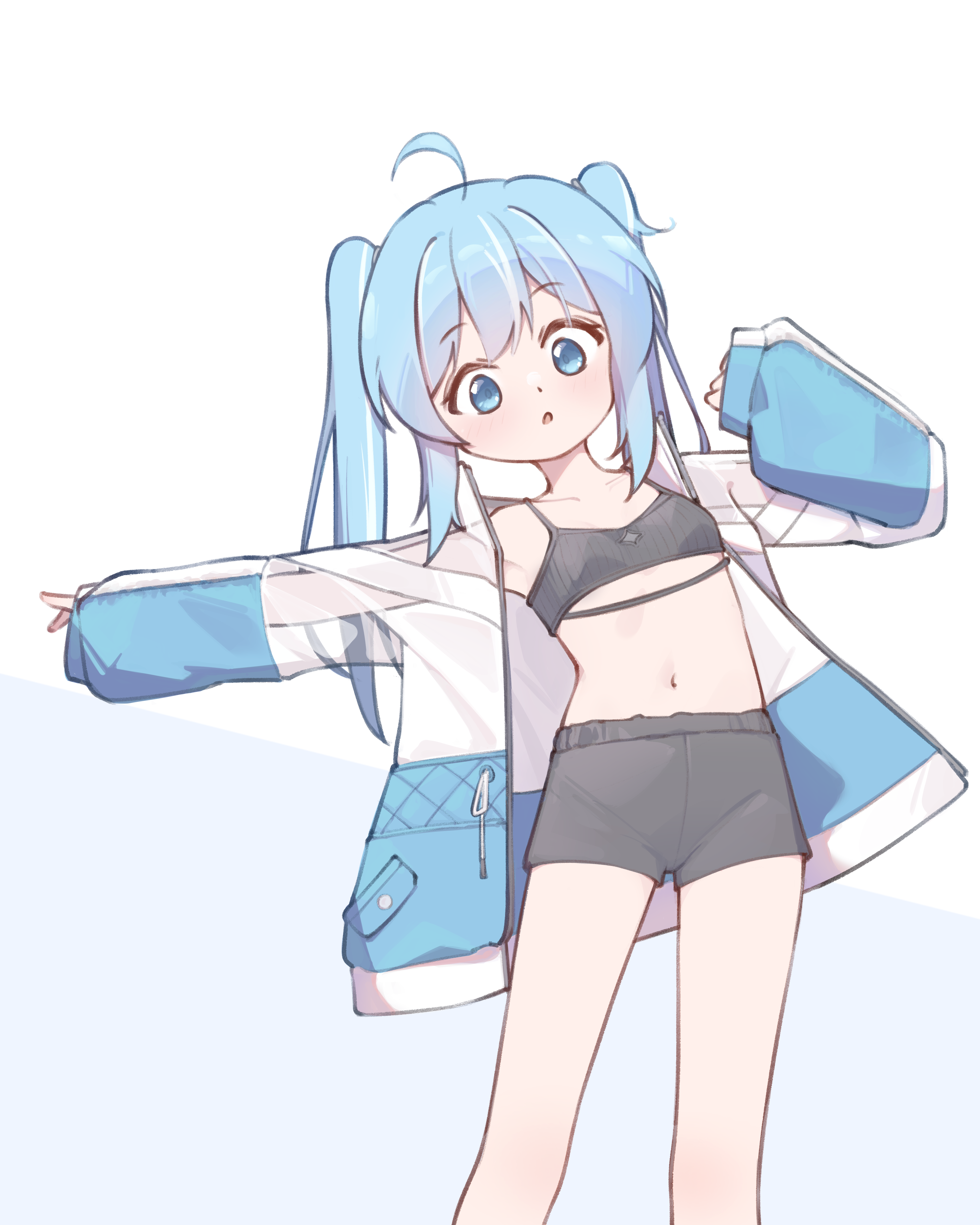 electromocha, arahashi tabi, stellive, absurdres, commentary request, highres, korean commentary, 1girl, :o, ahoge, black camisole, black shorts, blue eyes, blue hair, camisole, coat, collarbone, crop top, double-parted bangs, feet out of frame, long hair, long sleeves, multicolored coat, navel, no shirt, open clothes, open coat, parted lips, short shorts, shorts, sleeves past fingers, sleeves past wrists, solo, standing, stomach, twintails, two-tone background, virtual youtuber