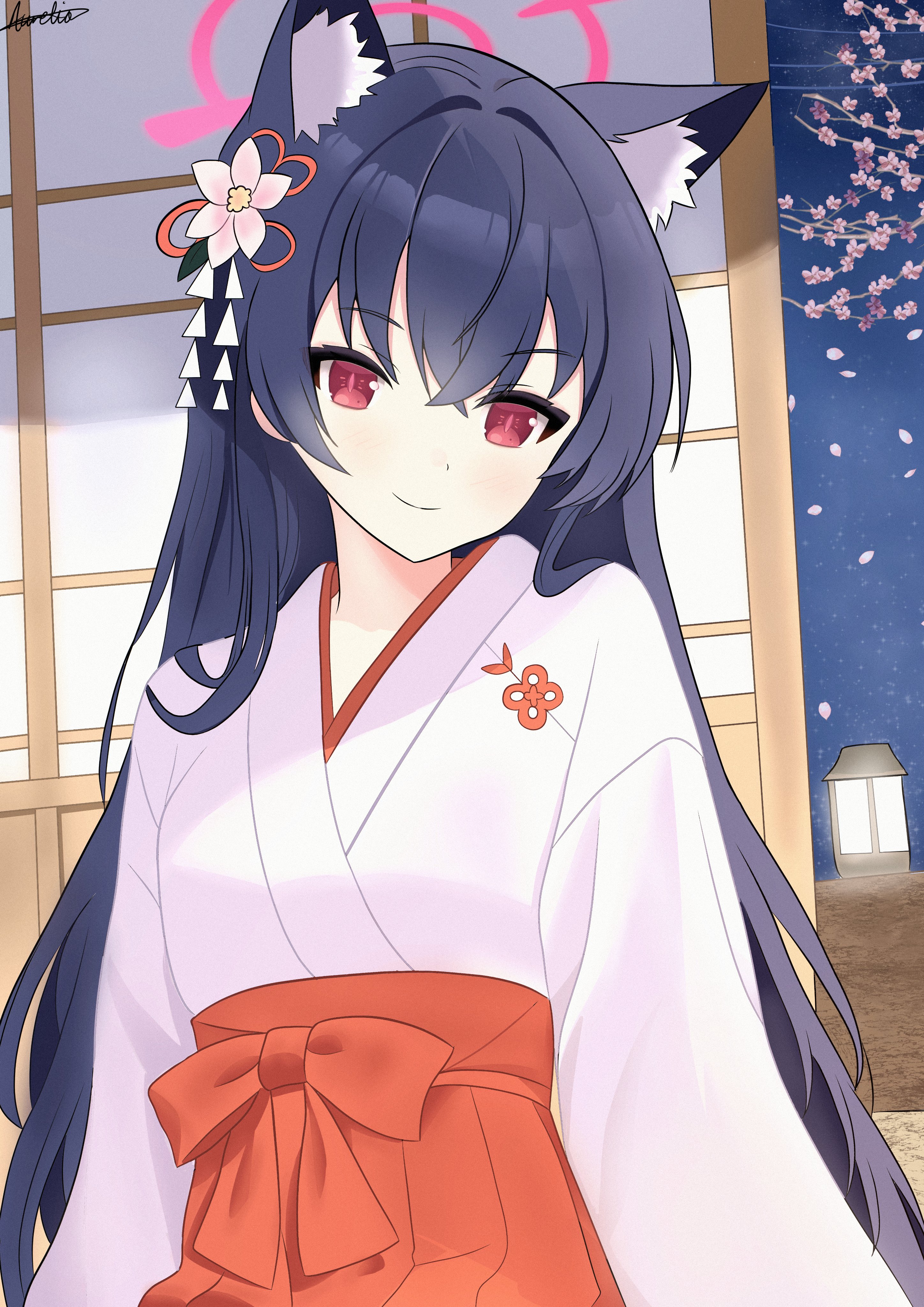 aurelia88, serika (blue archive), serika (new year) (blue archive), blue archive, absurdres, commentary, english commentary, highres, 1girl, alternate hairstyle, animal ear fluff, animal ears, arms at sides, black hair, blush, cat ears, cat girl, cherry blossoms, closed mouth, crossed bangs, extra ears, flower, hair between eyes, hair down, hair flower, hair ornament, hair over shoulder, hakama, halo, indoors, japanese clothes, kanzashi, kimono, long hair, long sleeves, looking at viewer, miko, night, official alternate costume, pink flower, pink halo, red eyes, red hakama, red pupils, signature, sitting, slit pupils, smile, solo, straight hair, upper body, very long hair, white kimono, wide sleeves