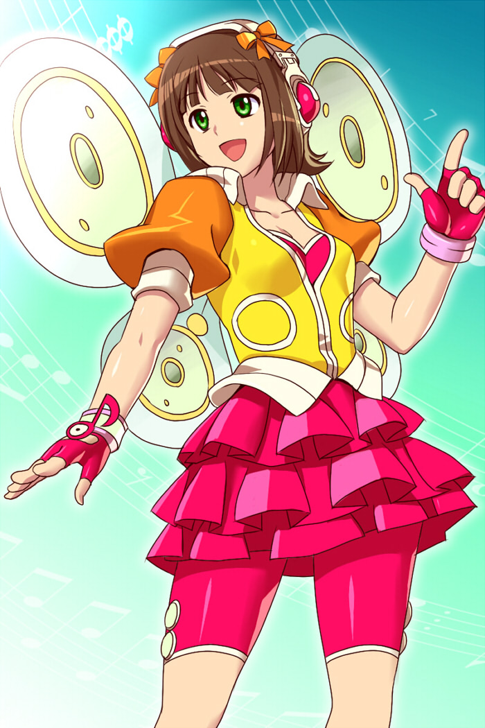 g-tetsu, amami haruka, idolmaster, idolmaster (classic), pop sound blossom, 00s, 1girl, female focus, fingerless gloves, gloves, hair ribbon, headphones, musical note, ribbon, short hair, shorts, skirt, solo