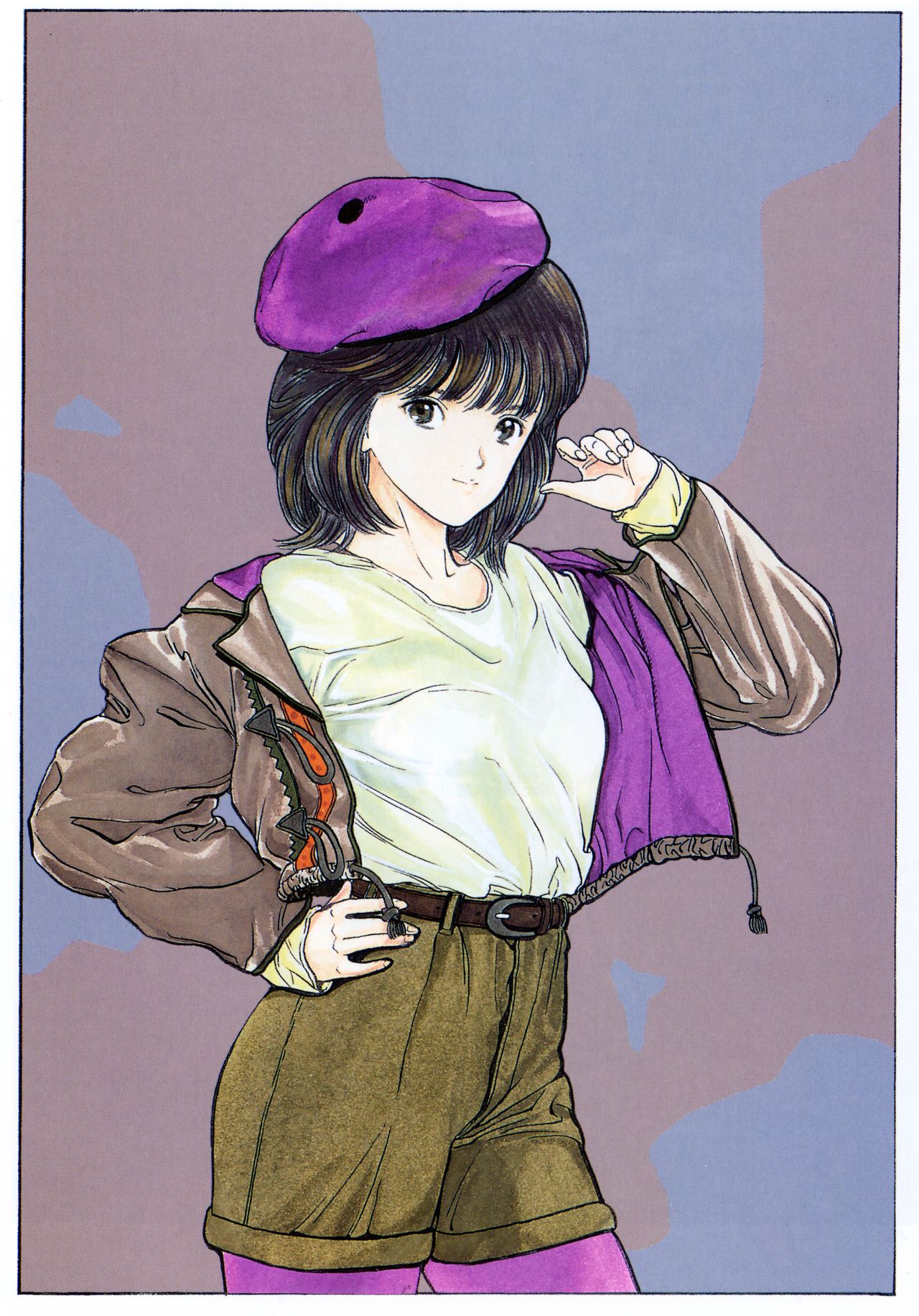 katsura masakazu, hayakawa moemi, den'ei shoujo, highres, 1990s (style), 1girl, belt, beret, black eyes, black hair, brown hair, female focus, hand on own hip, hat, hip focus, jacket, leggings, purple leggings, retro artstyle, shadow, short hair, shorts, solo