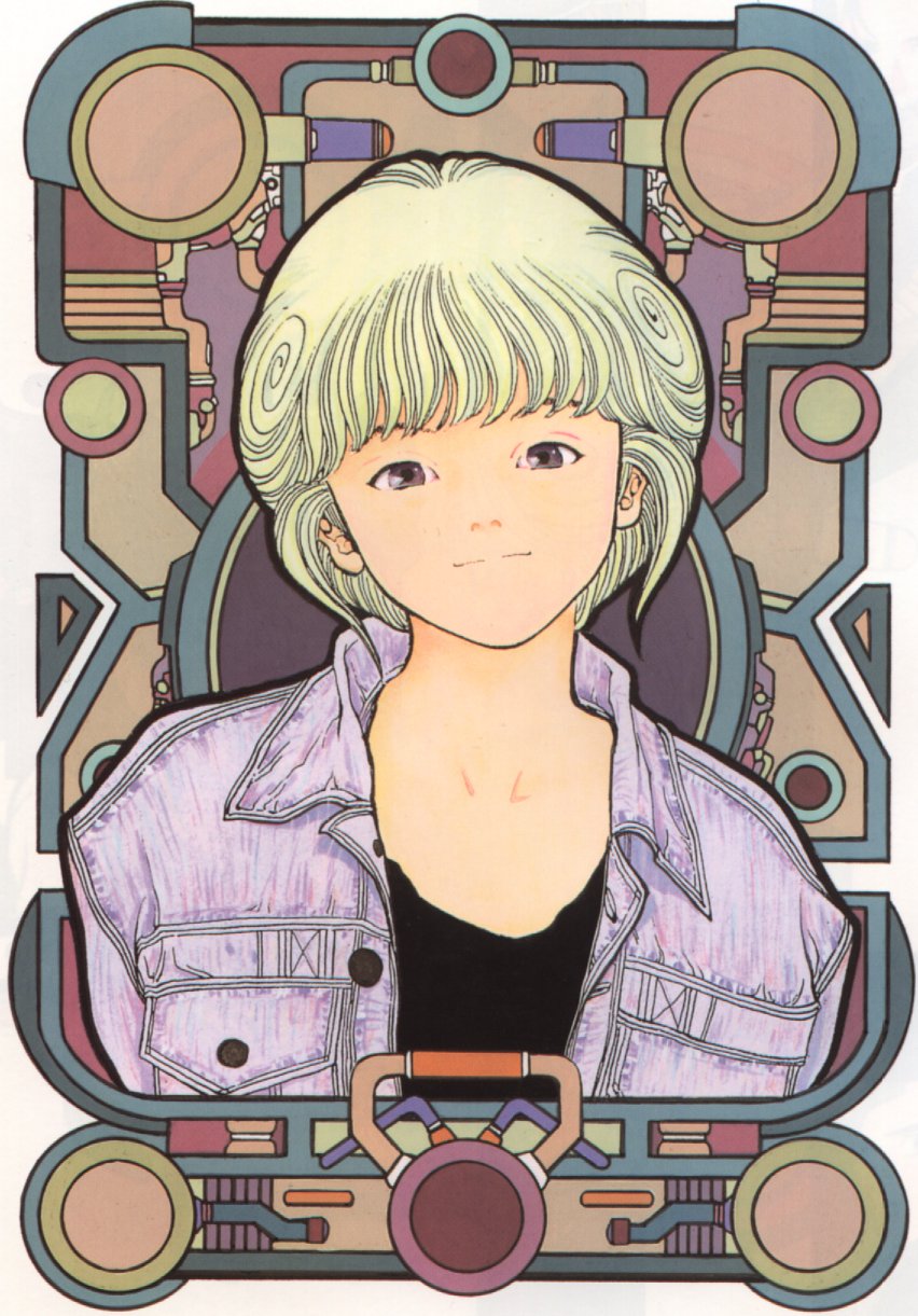 katsura masakazu, amano ai, den'ei shoujo, highres, 1990s (style), 1girl, blonde hair, brown eyes, denim, denim jacket, female focus, jacket, retro artstyle, short hair, smile, solo